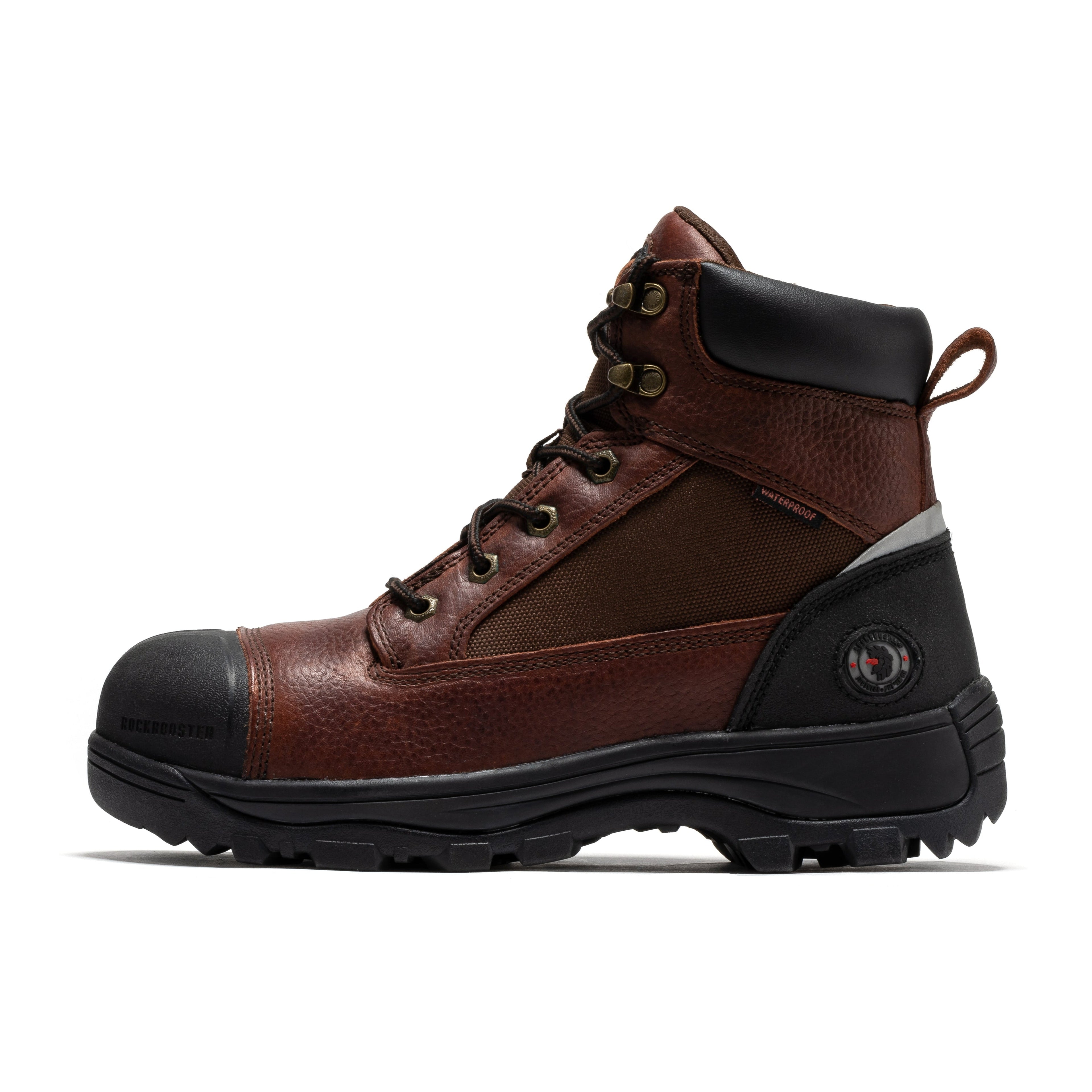 RockRooster Daviston 6-inch brown waterproof work boots with composite toe for durability and safety in tough work environments.