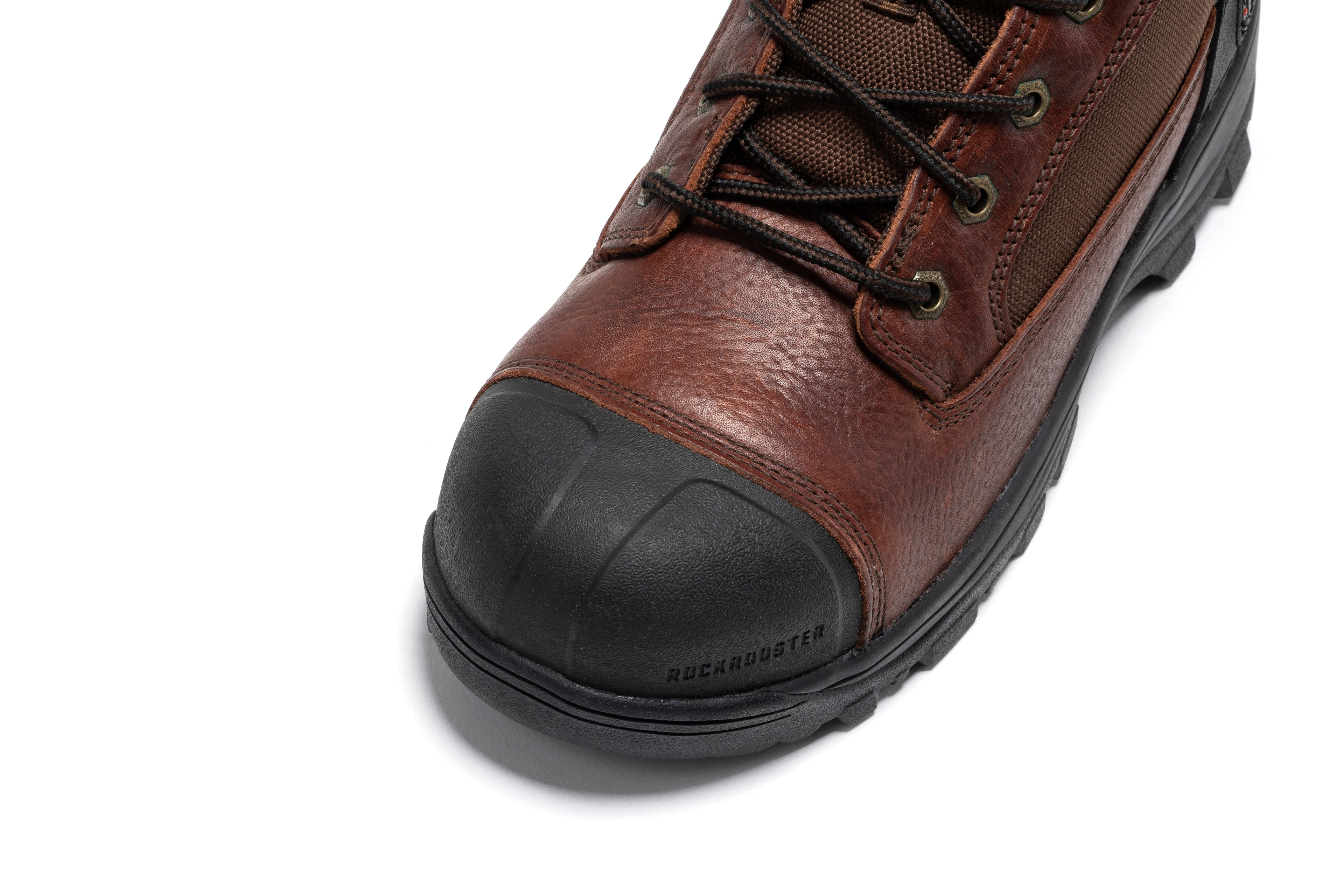 Brown Daviston 6-inch waterproof work boots by Rock Rooster with composite toe for durability and safety.