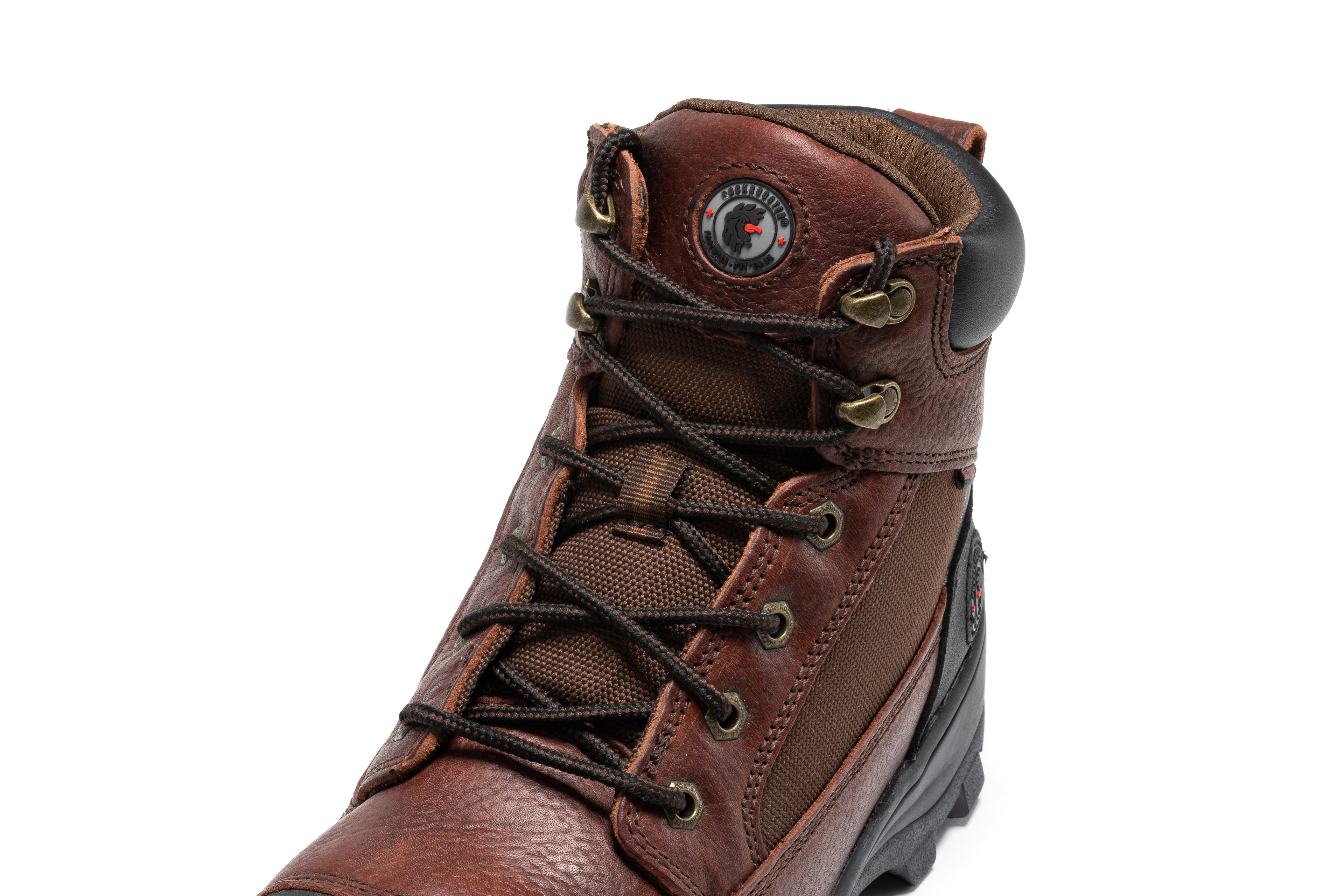 RockRooster Daviston 6-inch brown waterproof work boots with composite toe, durable leather construction and sturdy sole.