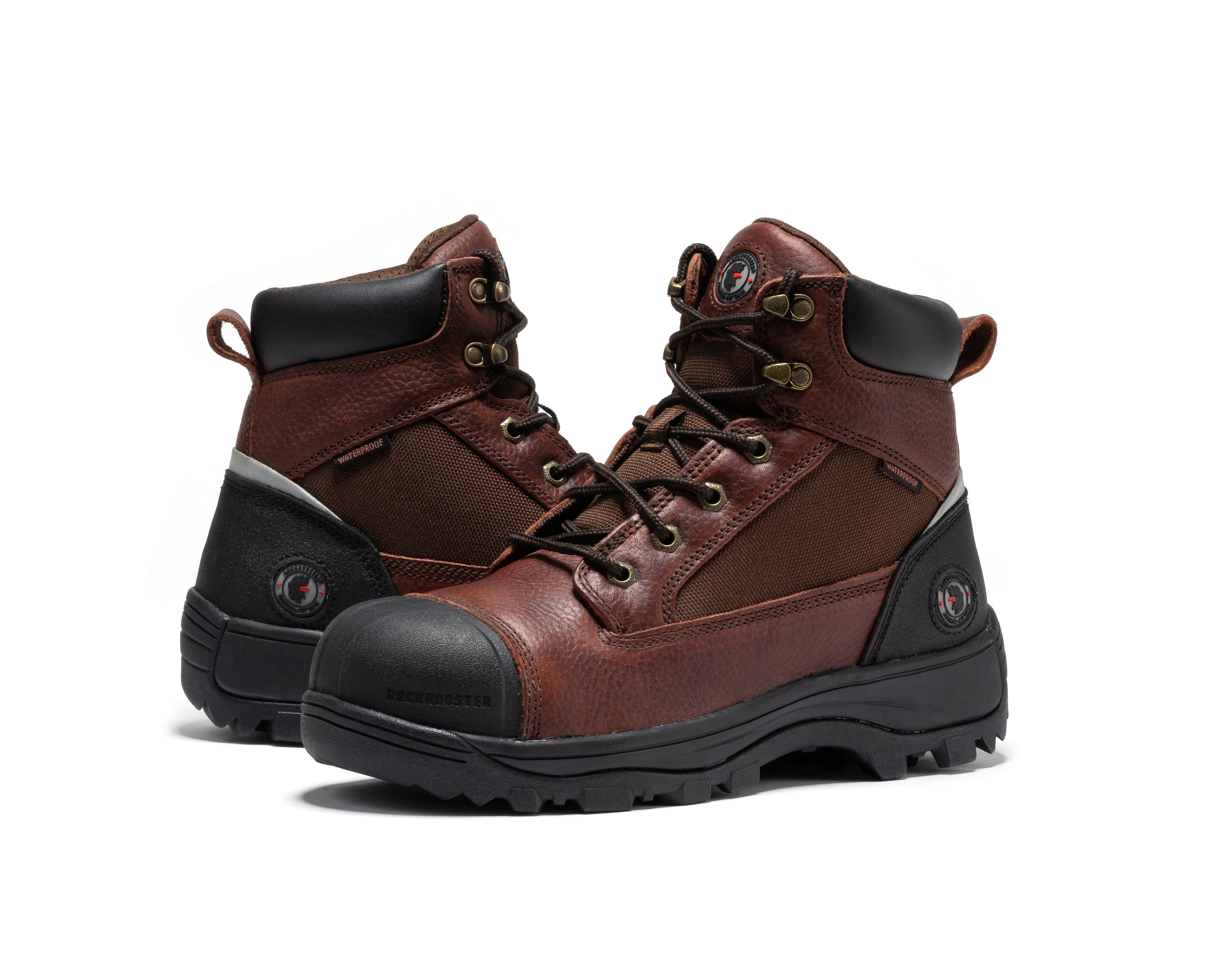 Rock Rooster Daviston 6-inch brown waterproof work boots with composite toe, sturdy and durable for industrial use.