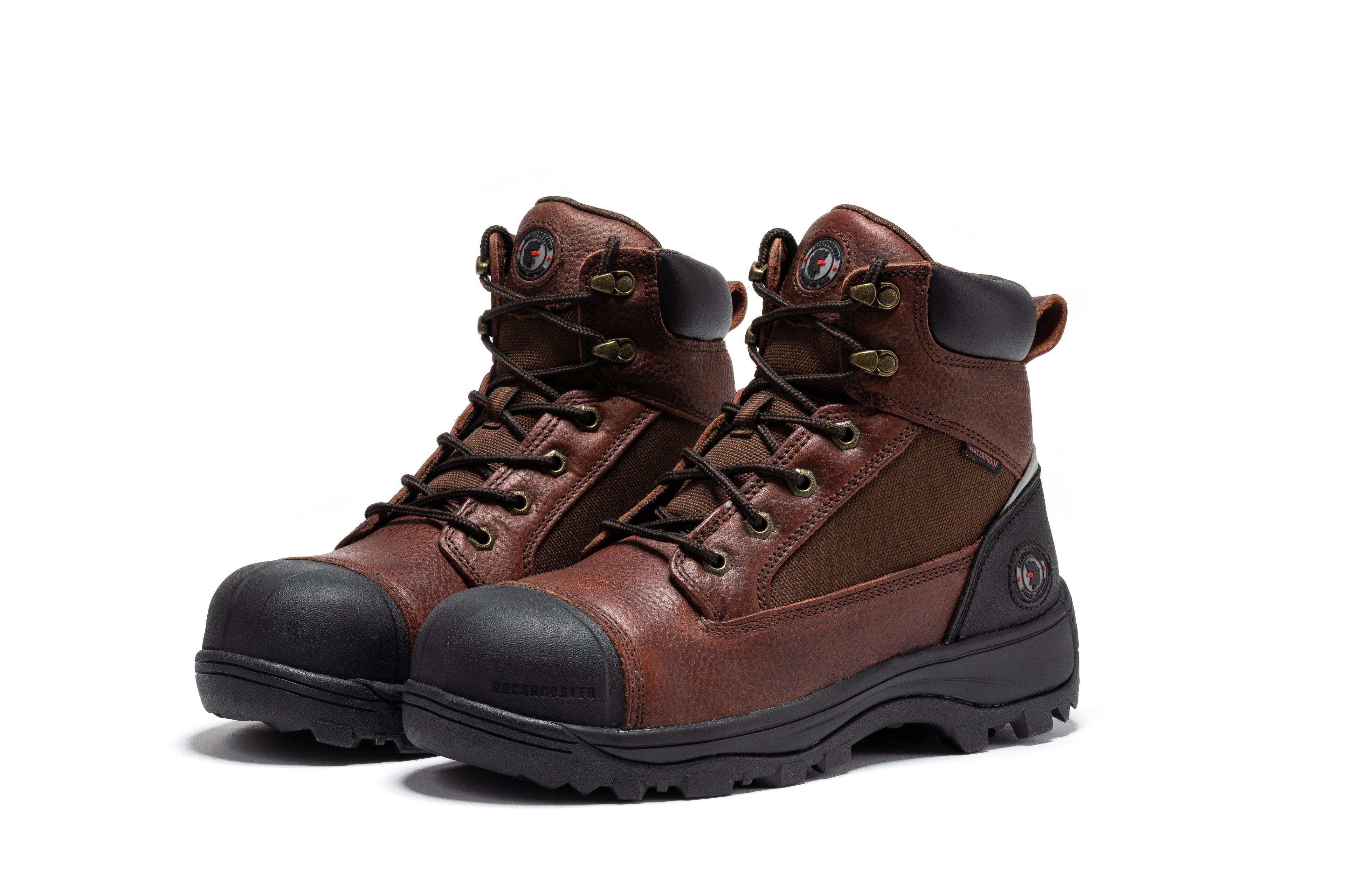 Rockrooster Daviston 6-inch brown waterproof work boots with composite toe, sturdy construction, and rugged design.