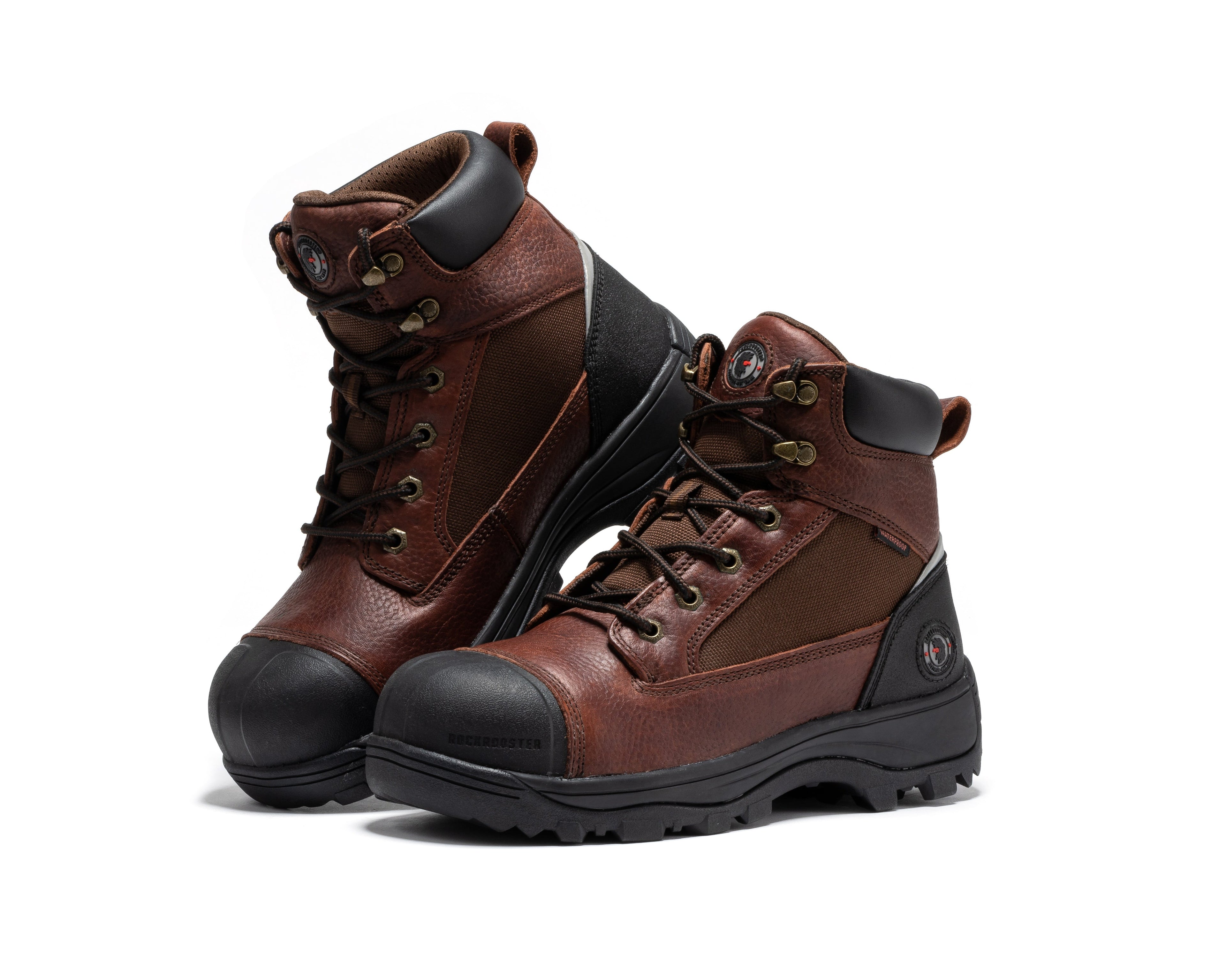 Rockrooster Daviston 6-inch brown waterproof work boots with composite toe, designed for durability and safety.