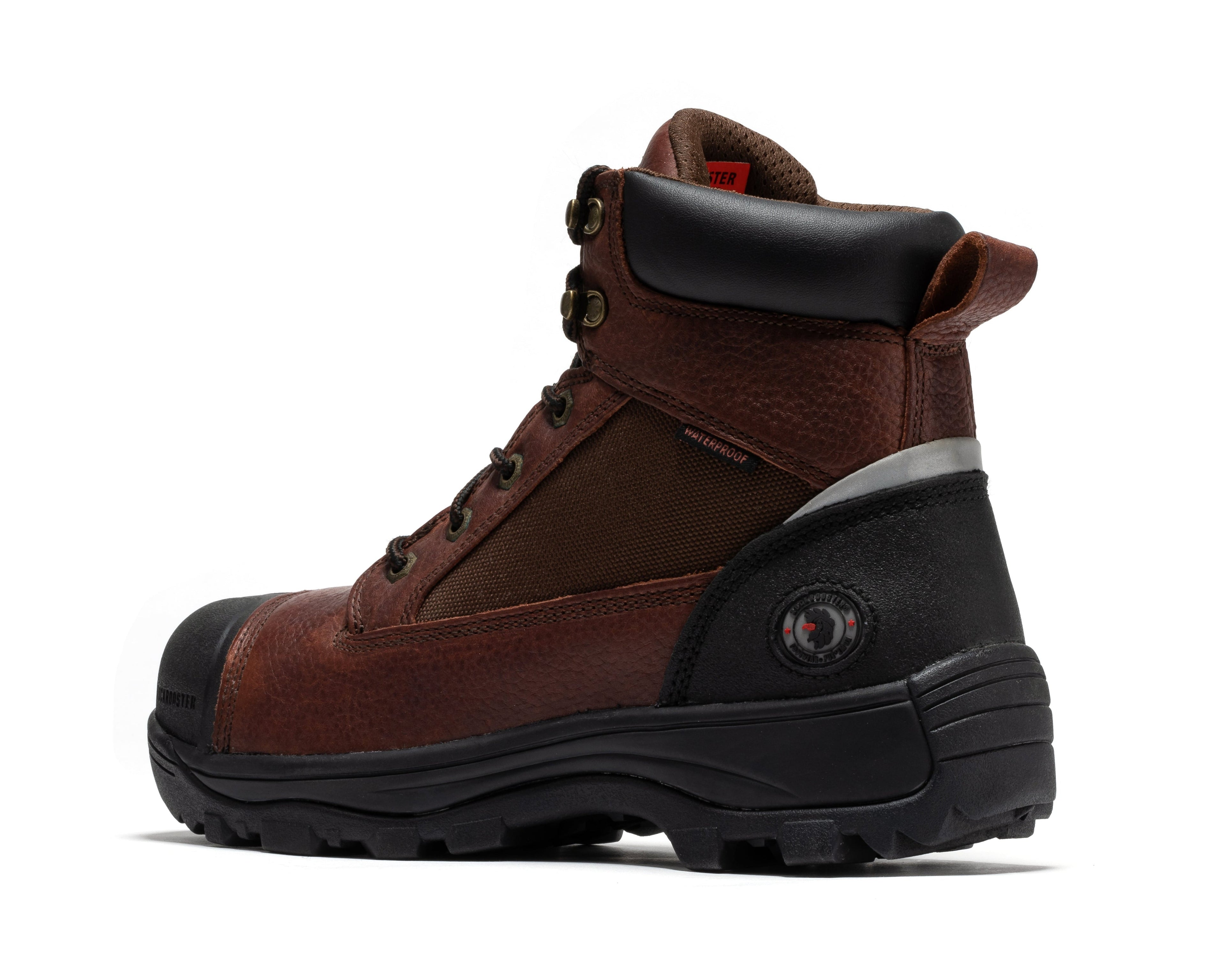 Rockrooster Daviston 6-inch brown waterproof work boots with composite toe, sturdy leather construction and rugged outsole.