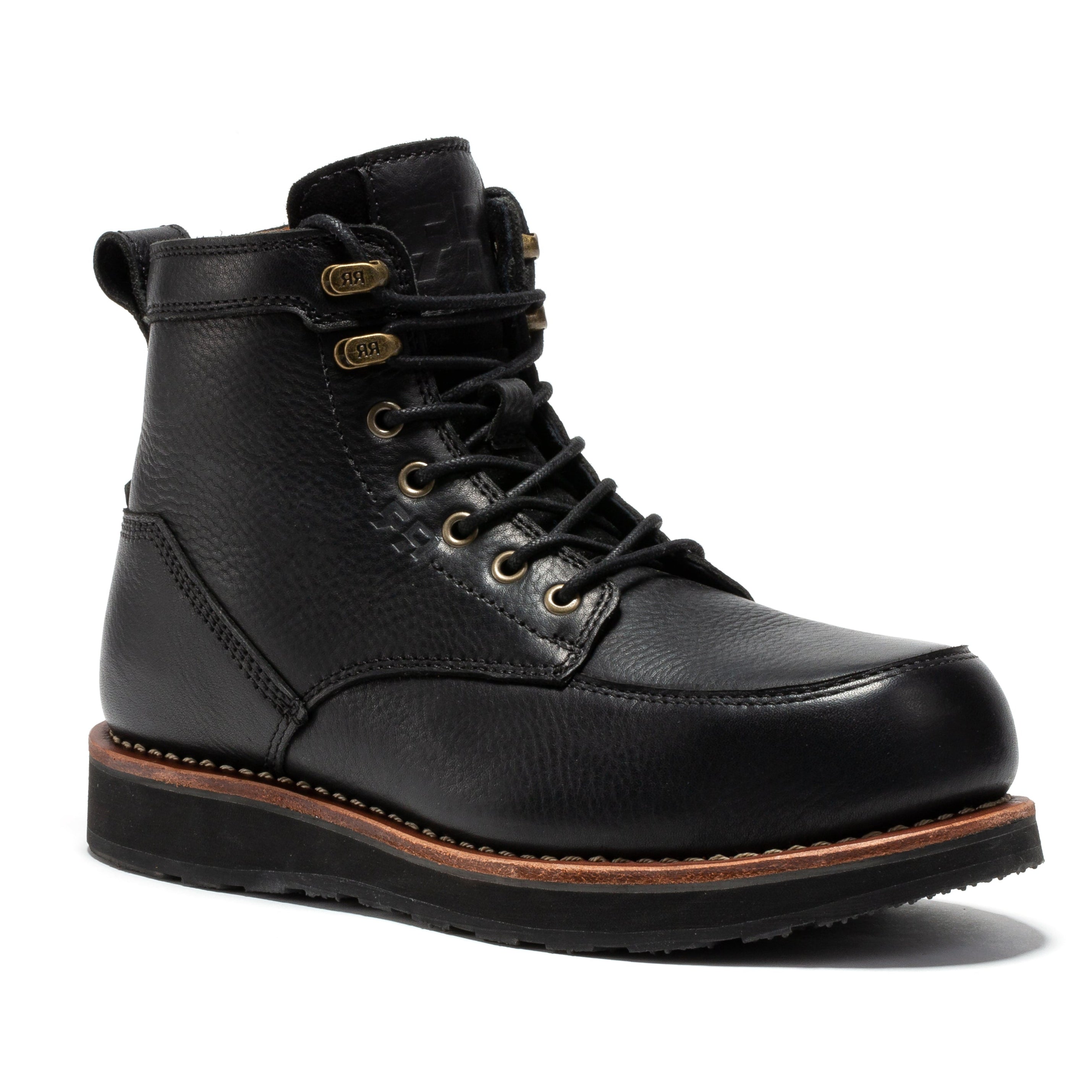 Rock Rooster Edgewood men's 6-inch black steel toe wedge work boots with rugged leather and sturdy design.