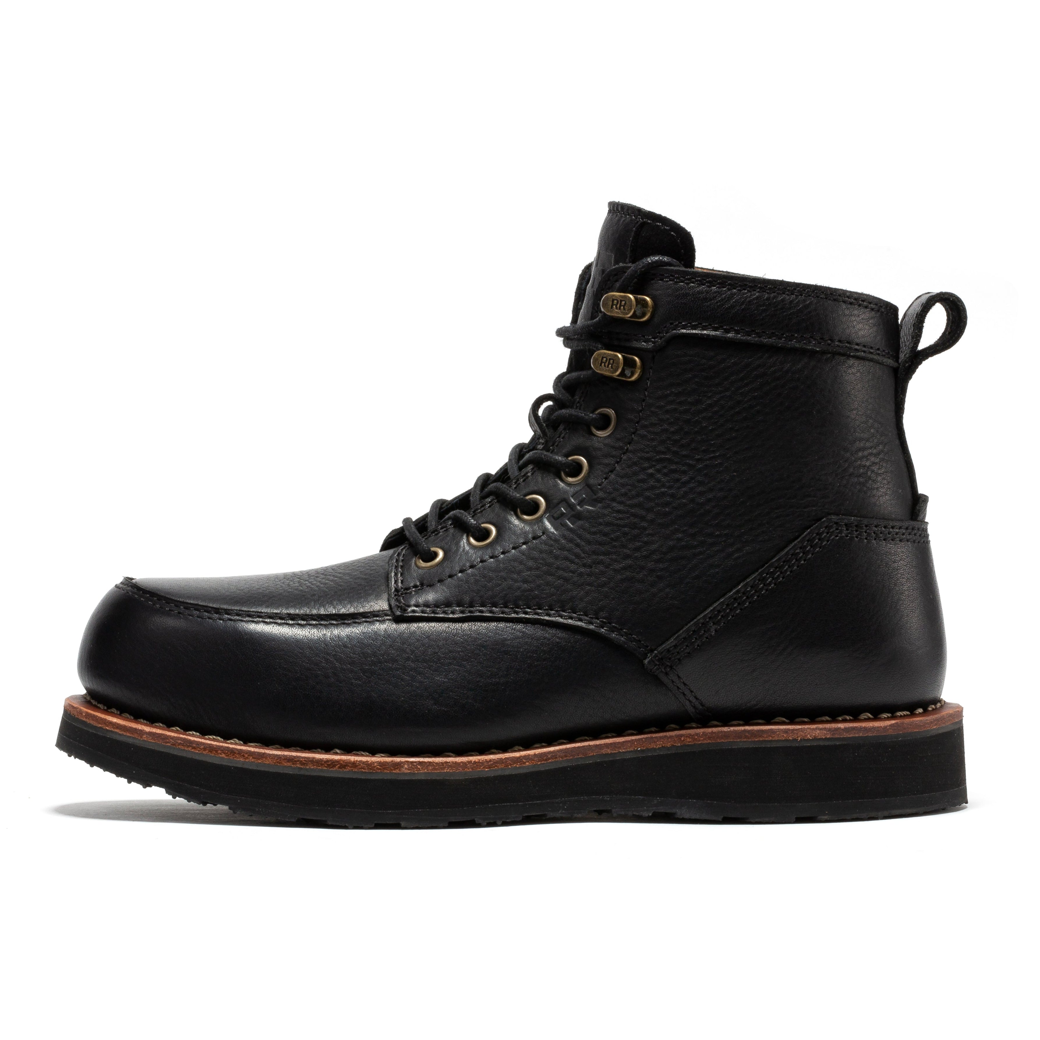 RockROOSTER Edgewood men's 6-inch black steel toe wedge work boots with rugged leather and sturdy sole.