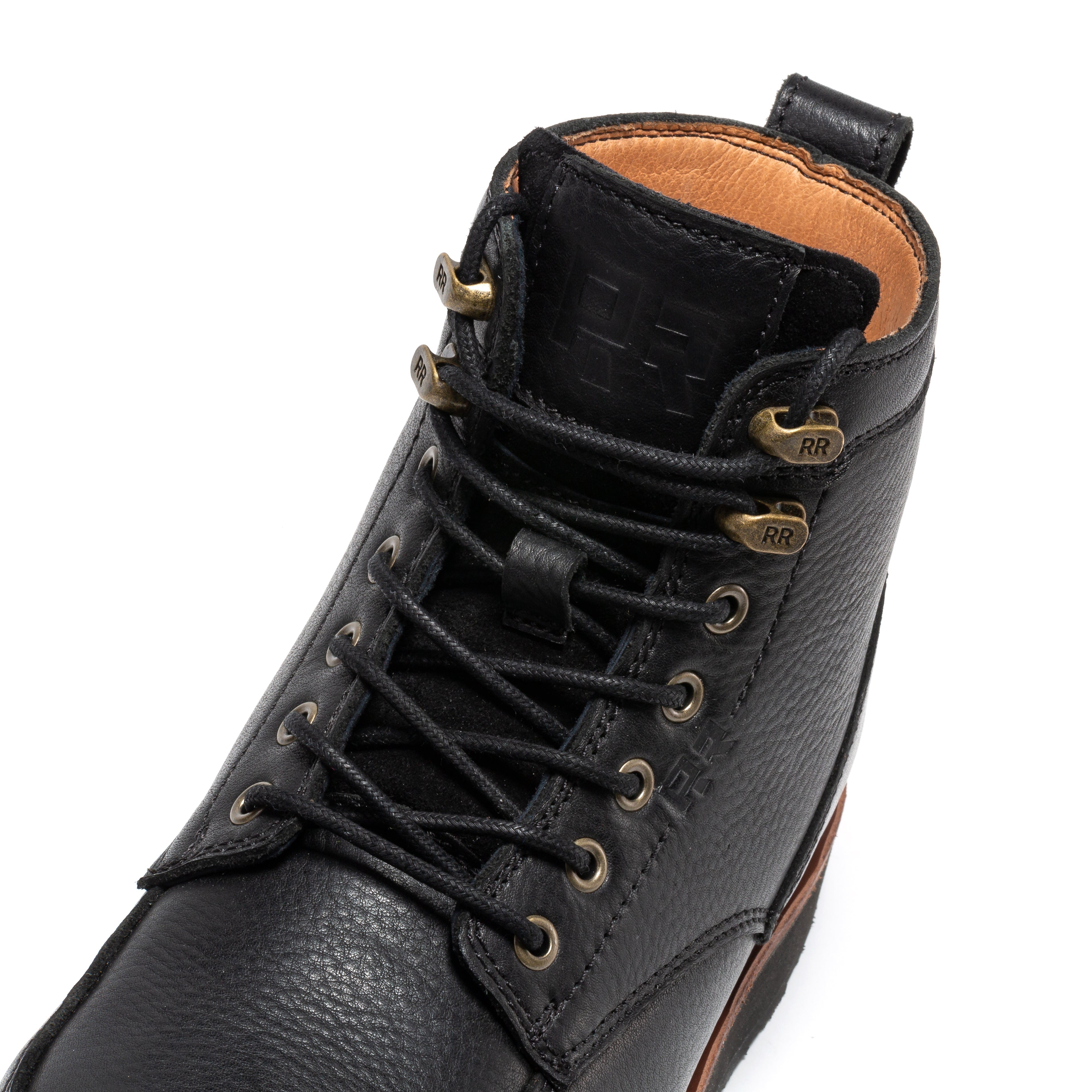 Black steel toe wedge work boots for men by Rock Rooster, 6-inch Edgewood work boots with rugged leather and sturdy sole.