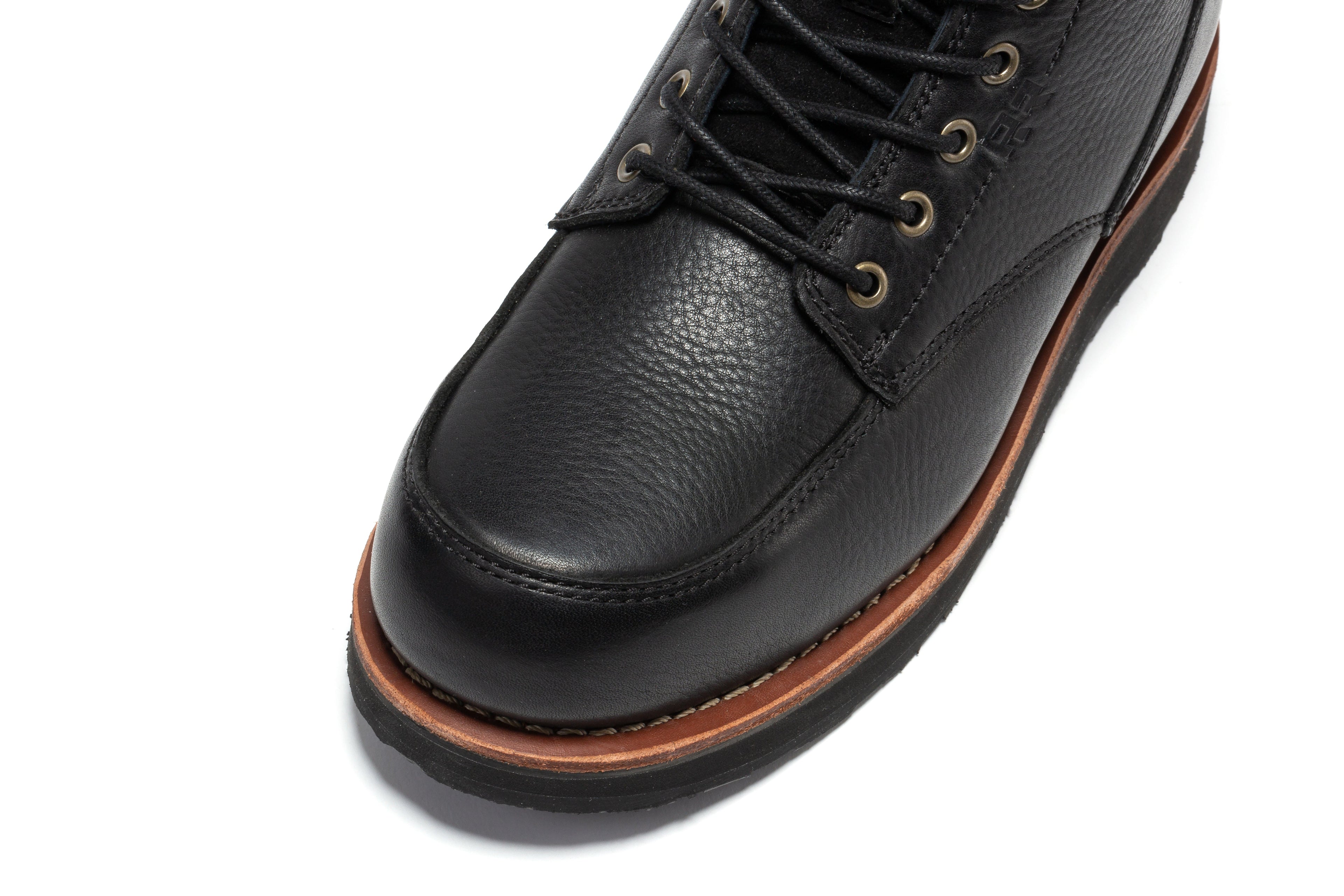 Black steel toe work boots for men, ROCKROOSTER Edgewood 6-inch wedge style, sturdy leather construction and rugged design.