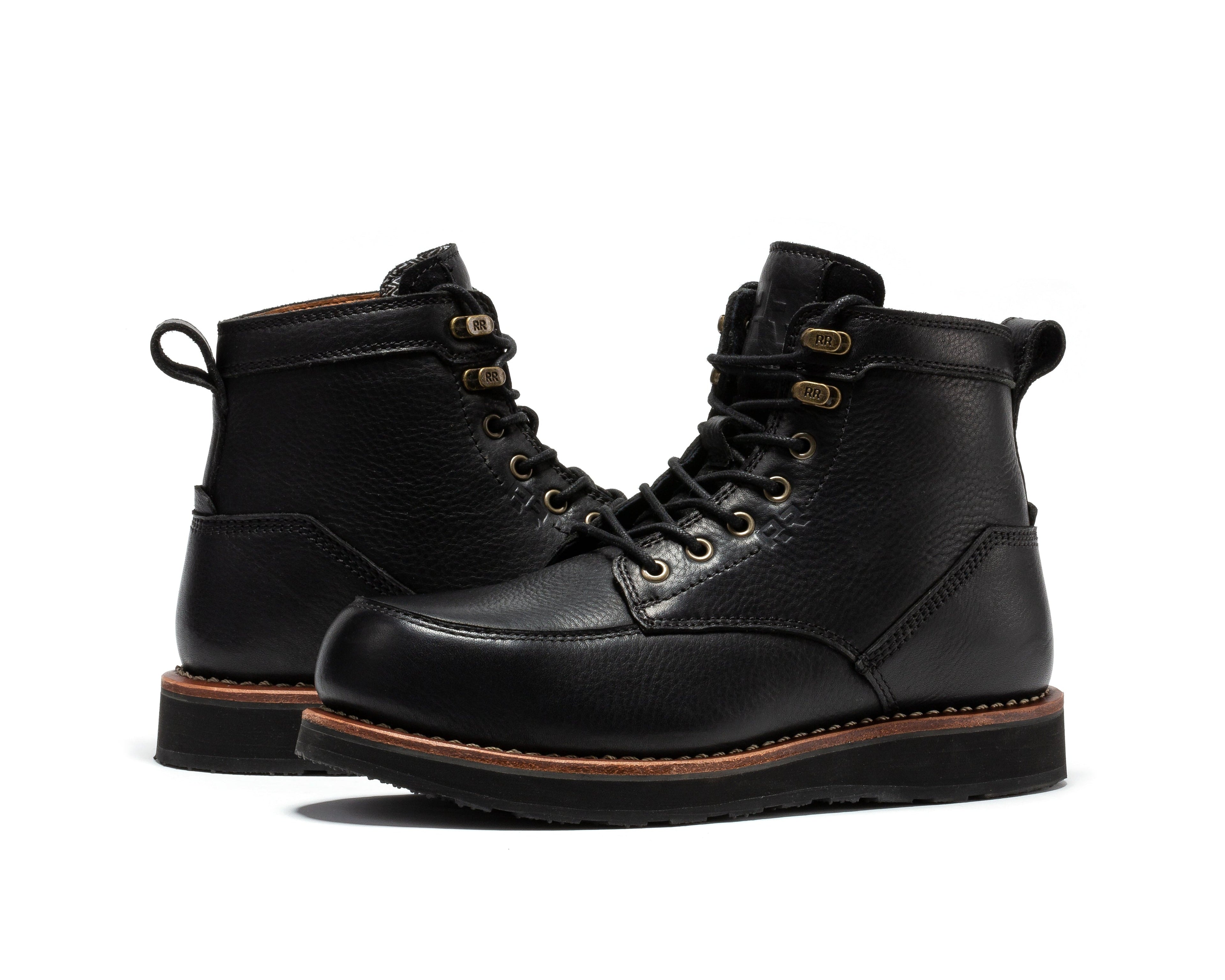 Black Steel Toe Work Boots for men, Rock Rooster Edgewood 6-inch wedge work boots with sturdy design and durable black leather.