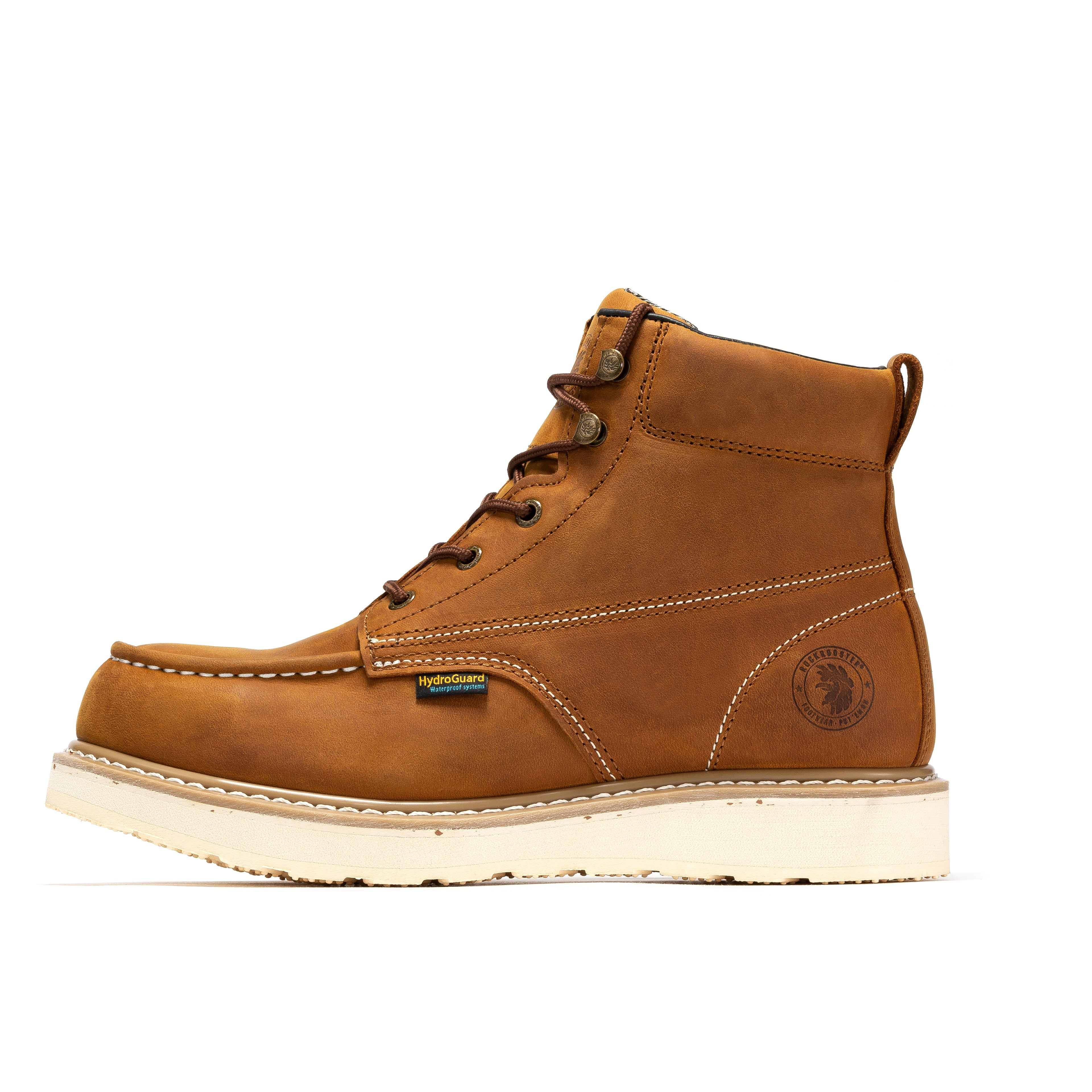 Rockrooster Edgewood men's 6-inch brown waterproof steel toe work boots with wedge sole, durable and rugged for work sites.