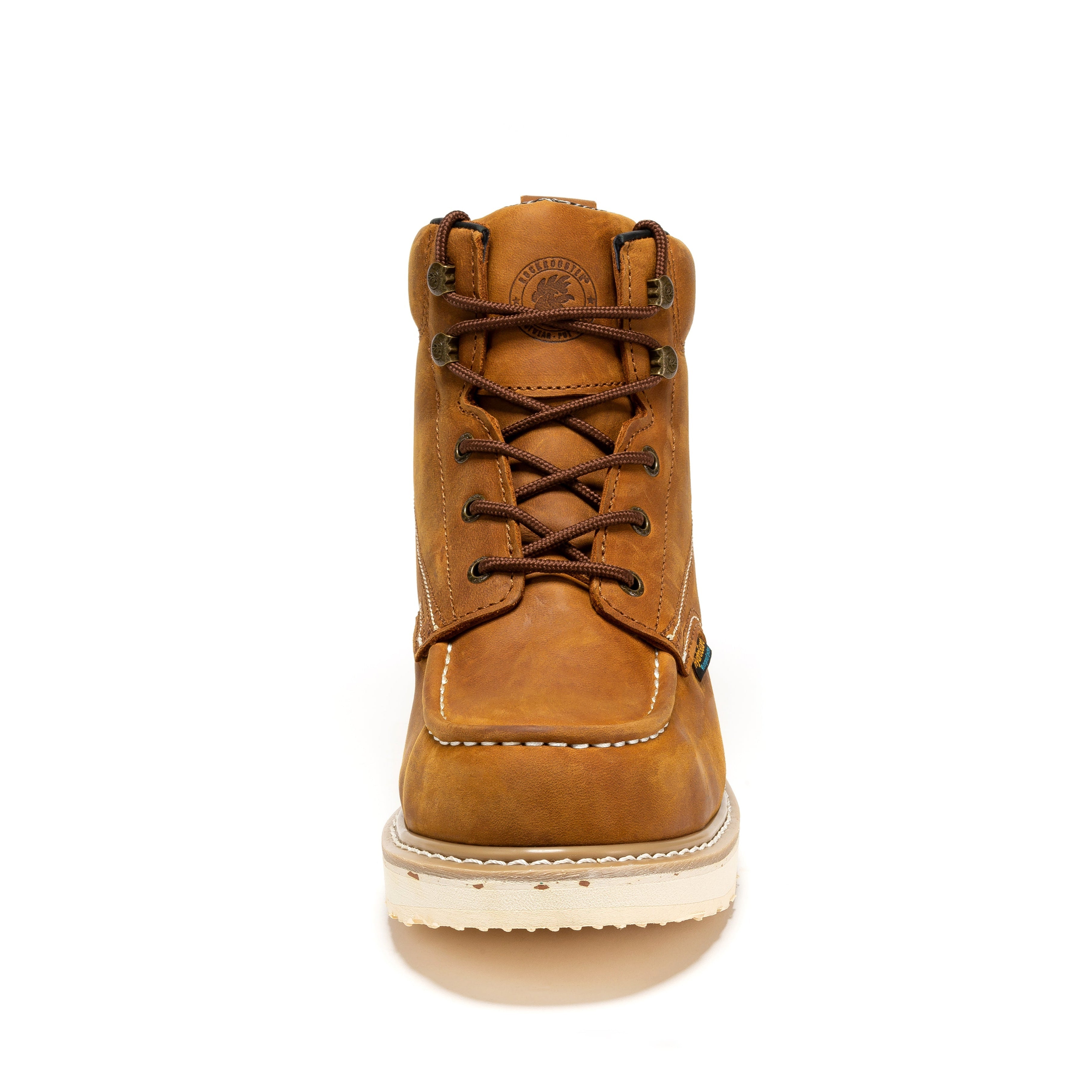 Rockrooster Edgewood men's 6-inch brown steel toe waterproof wedge work boots with rugged leather and sturdy sole.