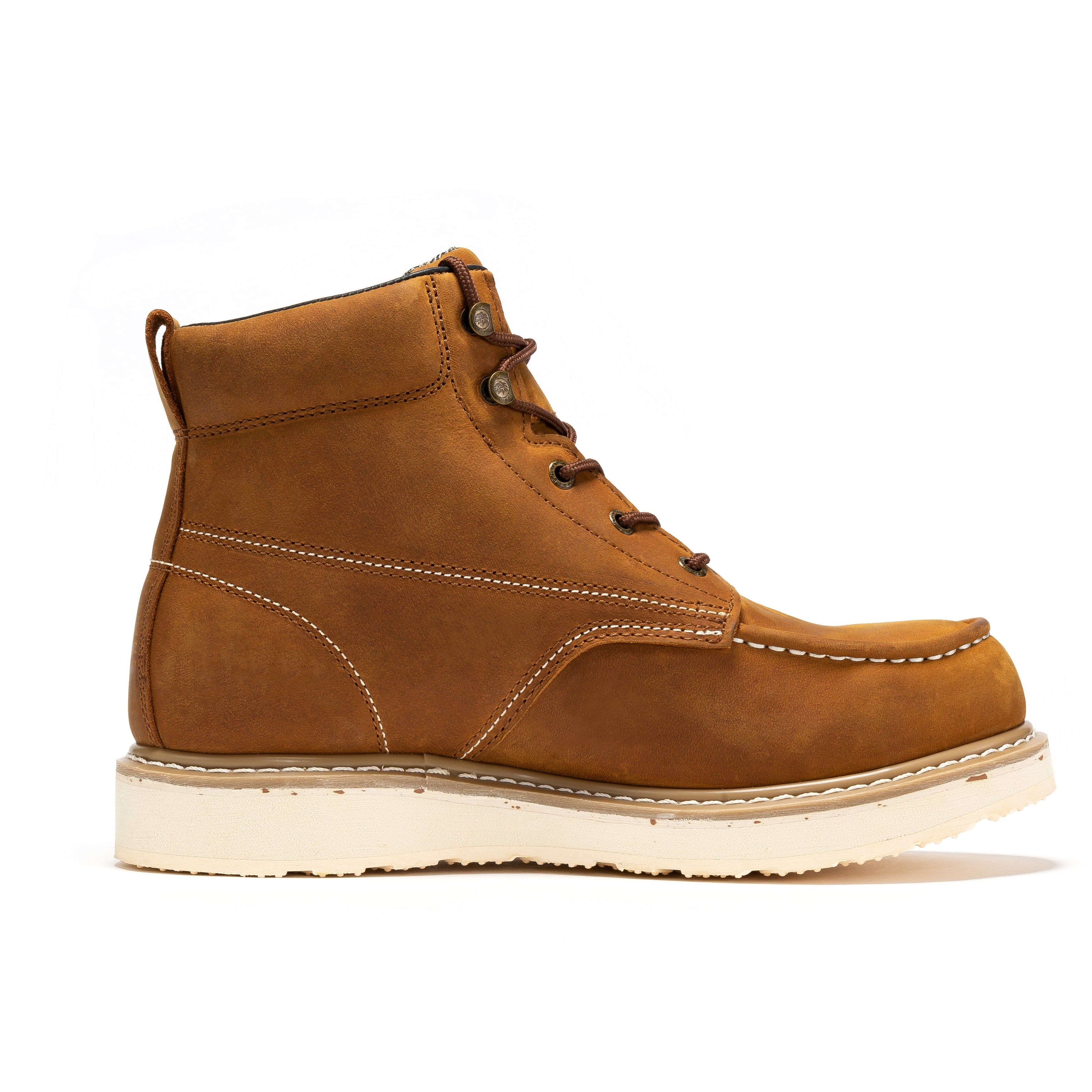 ROCKROOSTER Edgewood men's 6-inch brown waterproof steel toe work boots with wedge sole, durable construction, and safety features.
