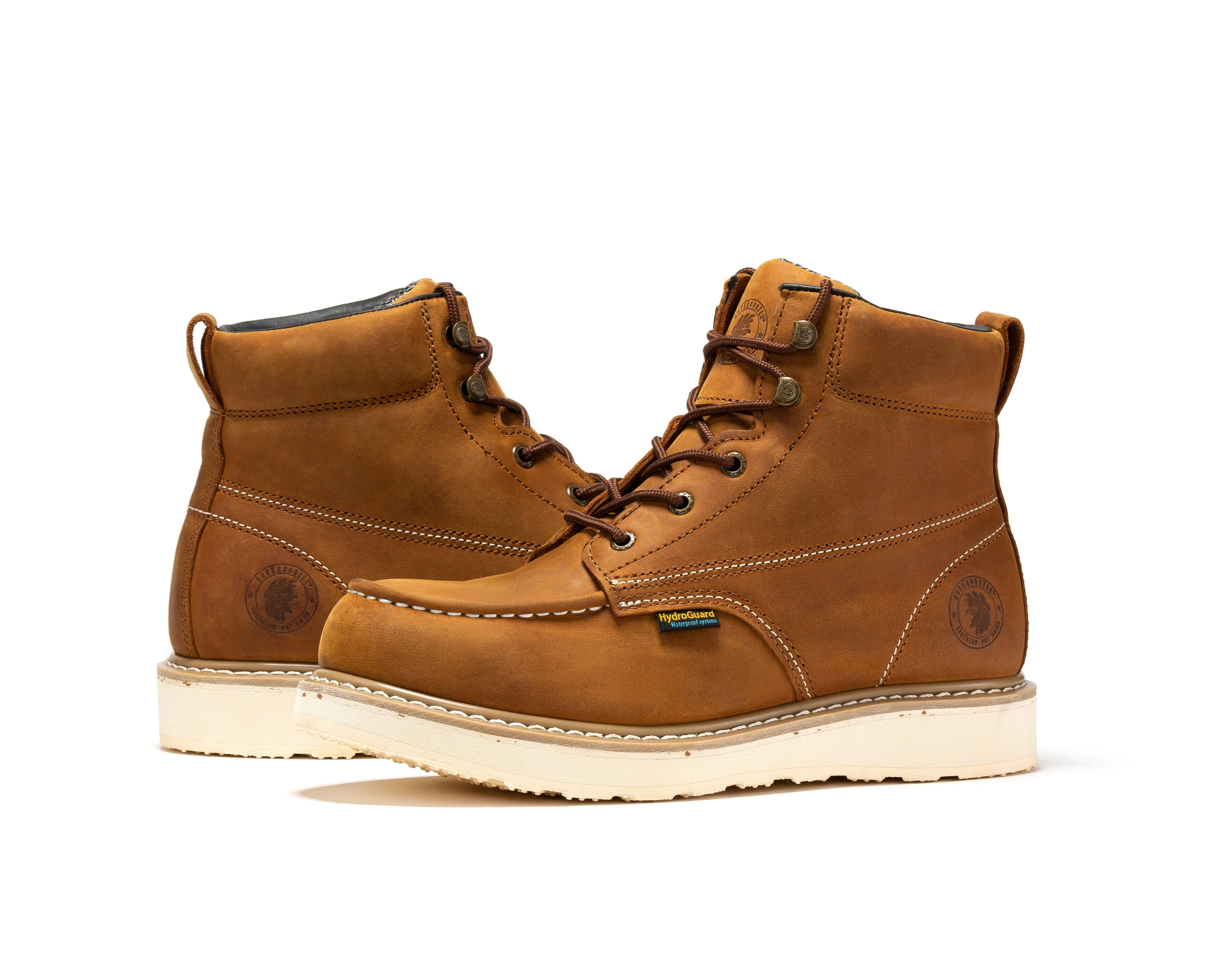 Rockrooster Edgewood men's 6-inch brown waterproof steel toe work boots with wedge sole, durable leather construction.