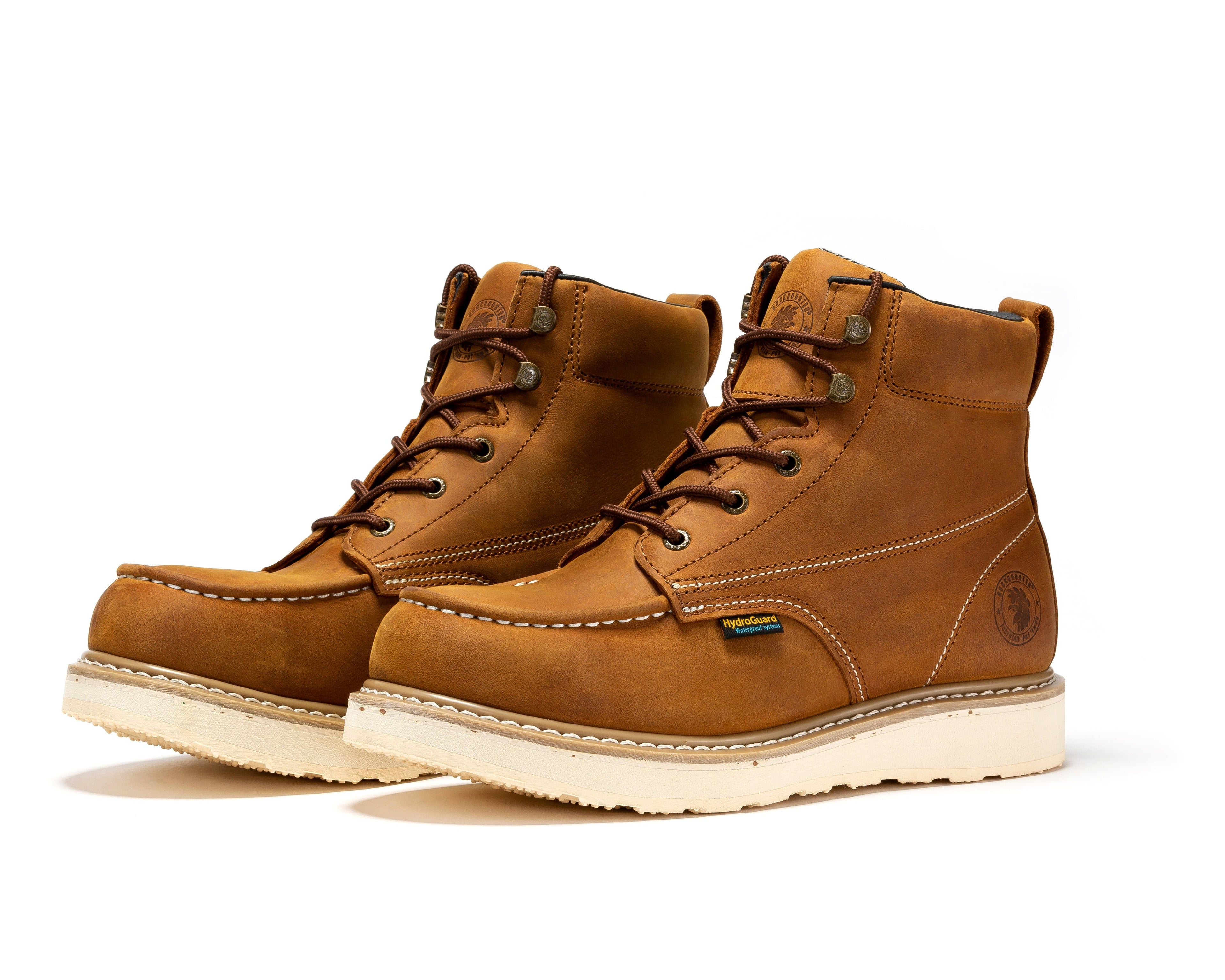 Rock Rooster Edgewood men's 6-inch brown steel toe waterproof work boots with wedge soles, sturdy and durable for tough jobs.