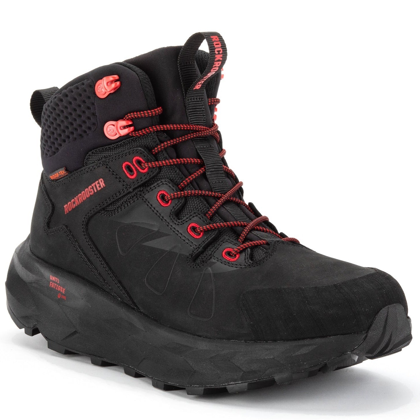 RockROOSTER Farmington black 6-inch waterproof hiking boots with VIBRAM® outsole, showing rugged leather and sturdy design.