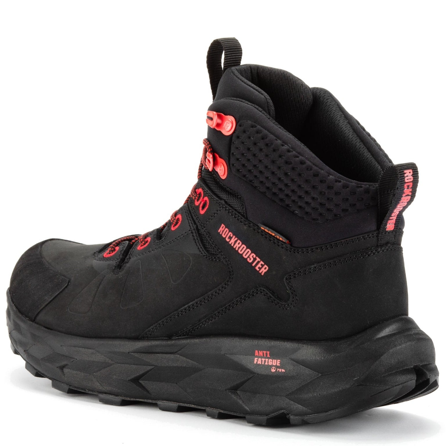 Rock Rooster Farmington black waterproof hiking boots with VIBRAM® outsole, 6-inch ankle height, rugged outdoor footwear.