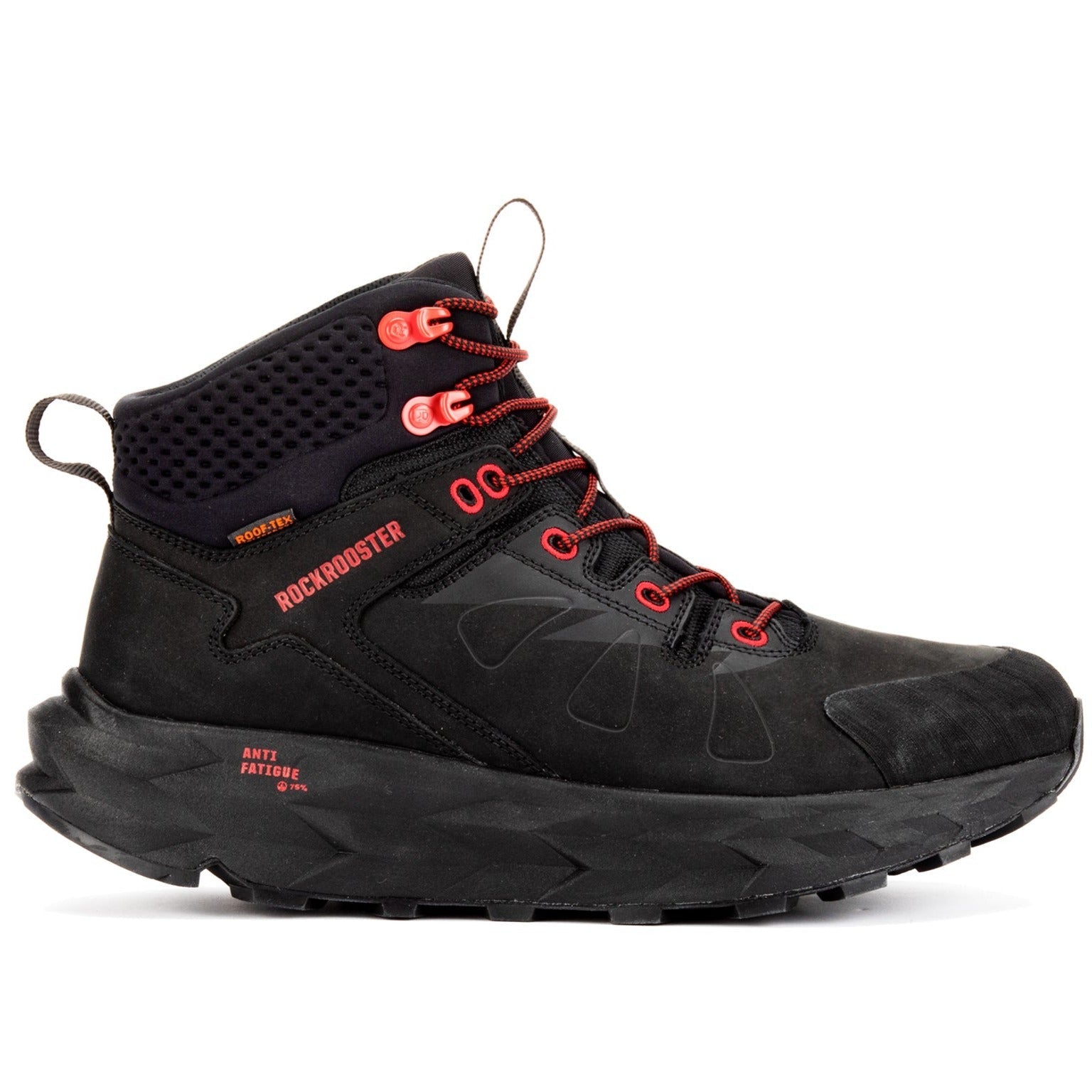 Rock Rooster Farmington black 6-inch waterproof hiking boots with VIBRAM® outsole, sturdy leather upper and rugged outdoor design.