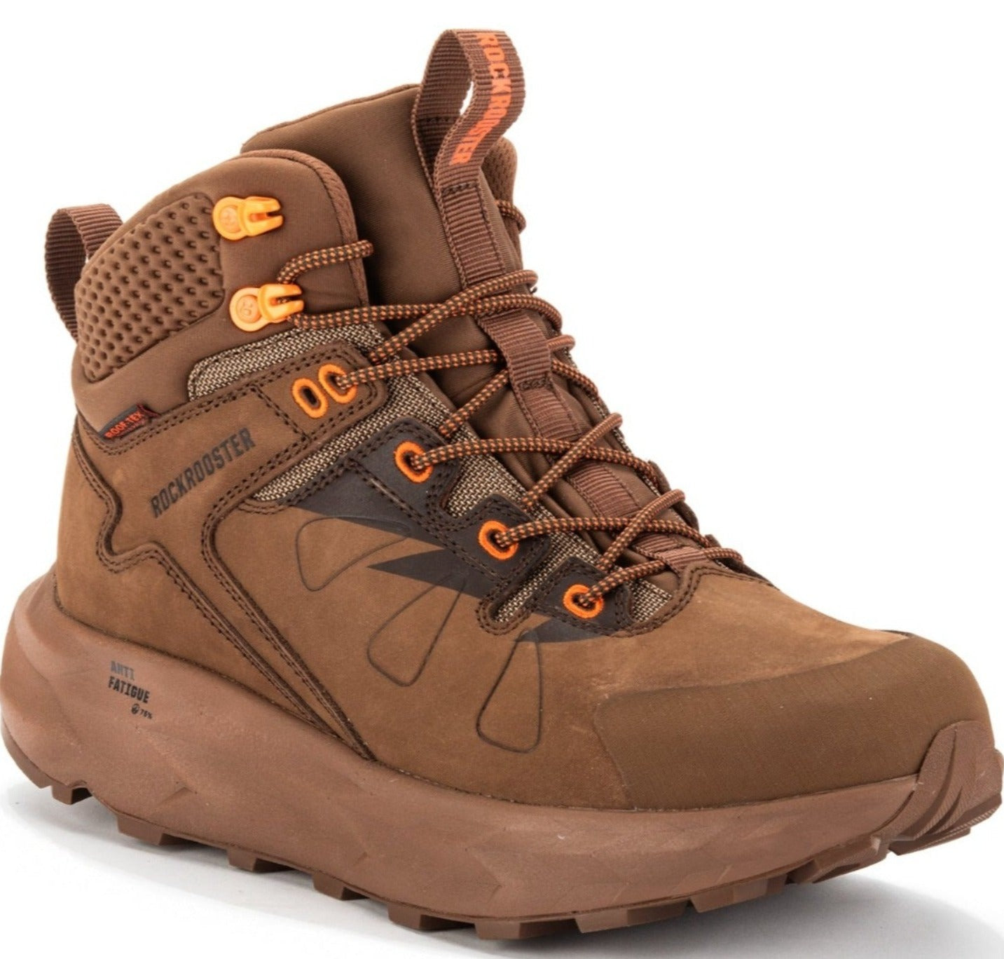 Rockrooster Farmington Brown 6-inch waterproof hiking boots with VIBRAM outsole, showing brown leather upper and rugged sole.