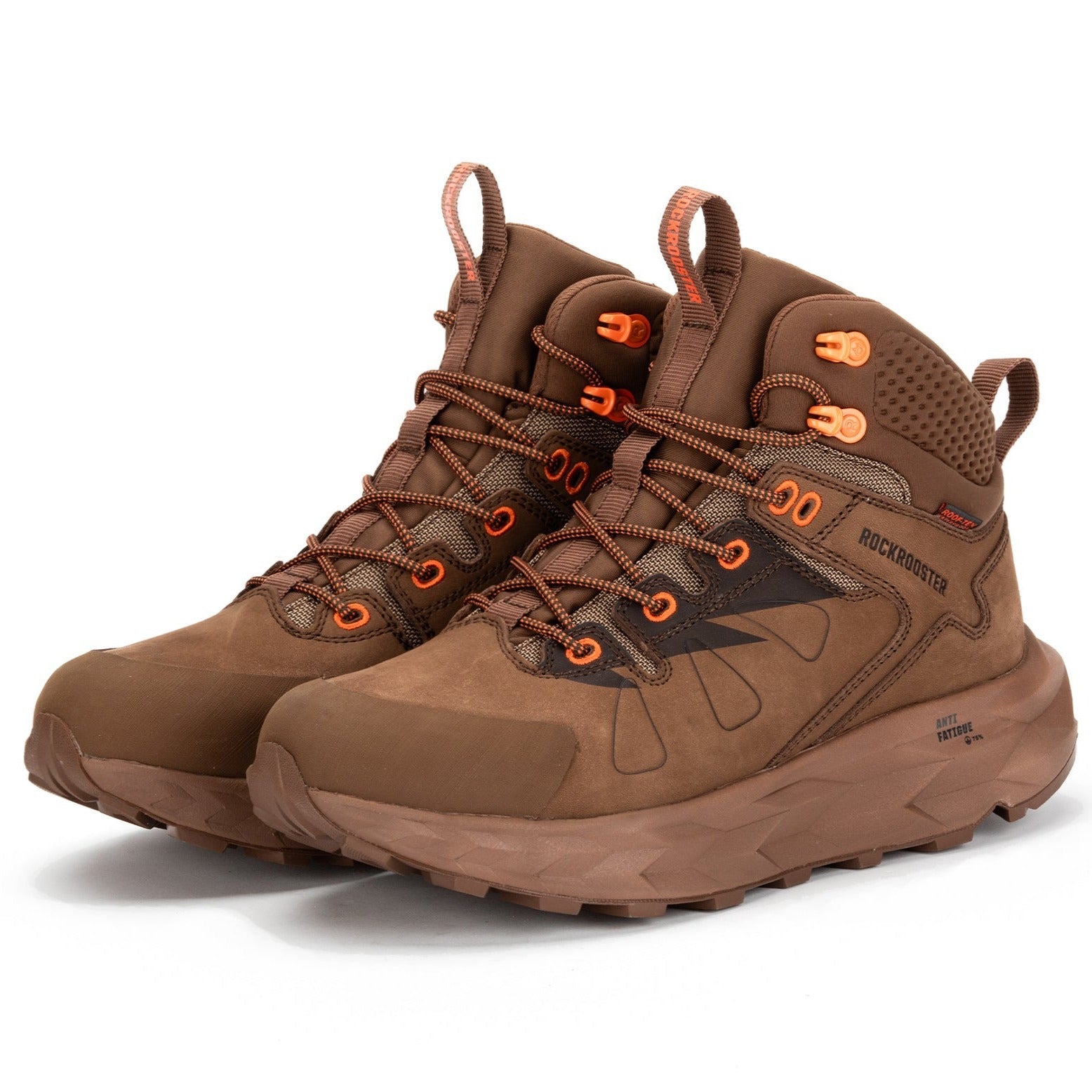 Rock Rooster Farmington Brown 6-inch waterproof hiking boots with VIBRAM® outsole, showing rugged leather and sturdy construction.