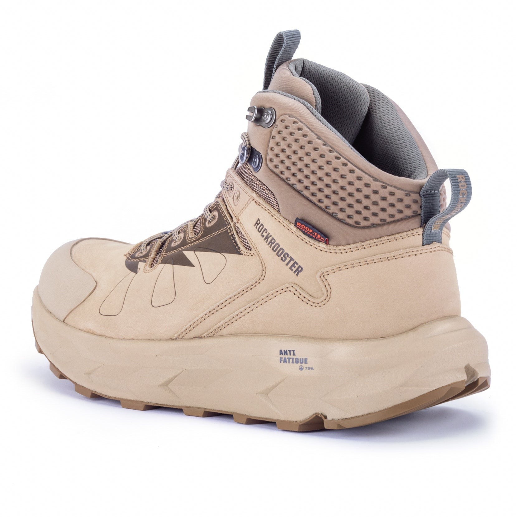 Rock Rooster Farmington Sand 6-inch waterproof hiking boots with VIBRAM outsole, showing rugged leather upper and durable tread.
