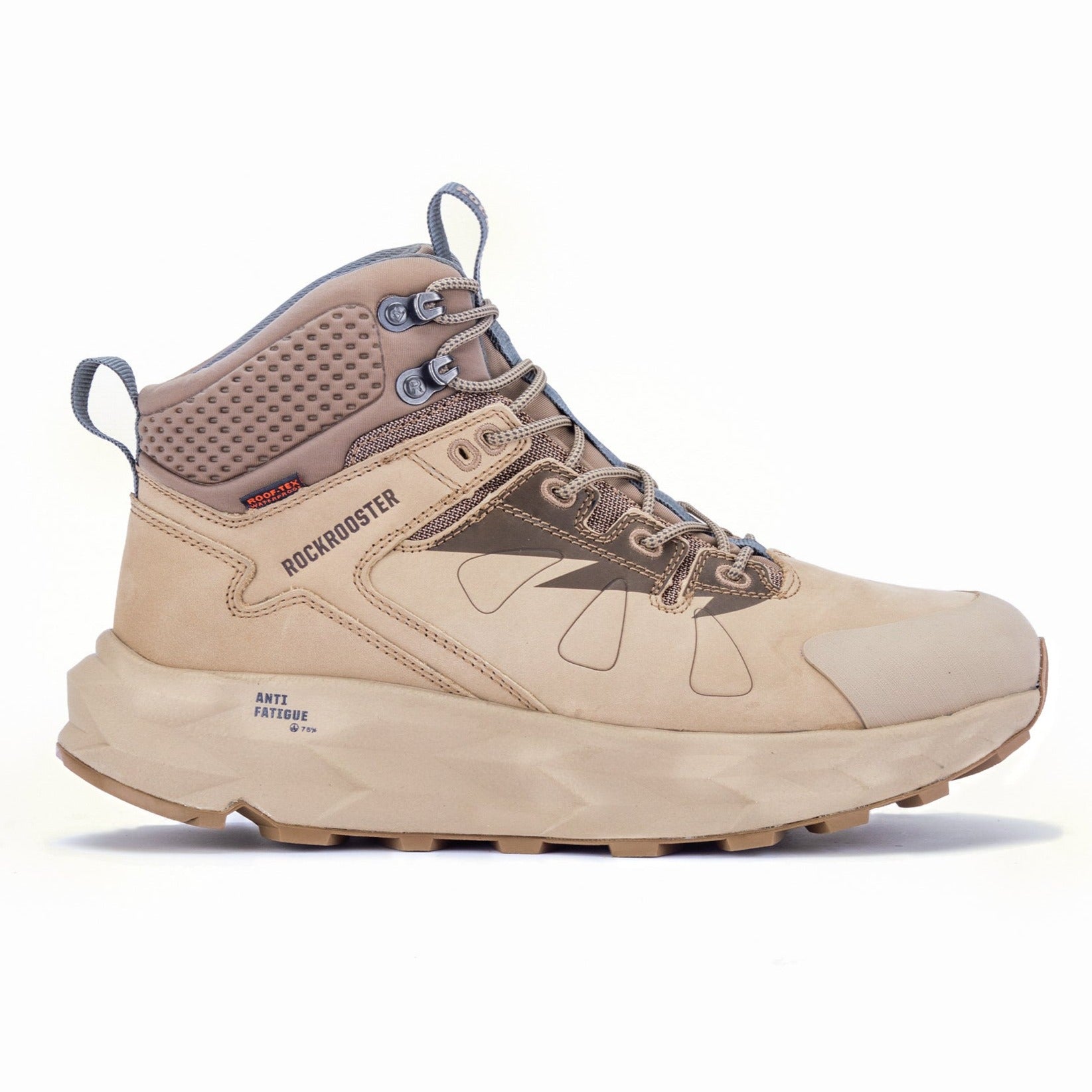 Rock Rooster Farmington Sand 6-inch waterproof hiking boots with VIBRAM outsole, showing rugged leather and sturdy design.
