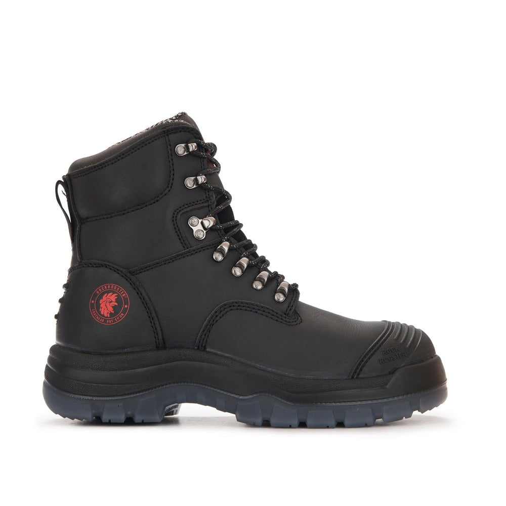 RockRooster Kensington black 7-inch steel toe leather work boots with zip sides, rugged design, and sturdy construction.