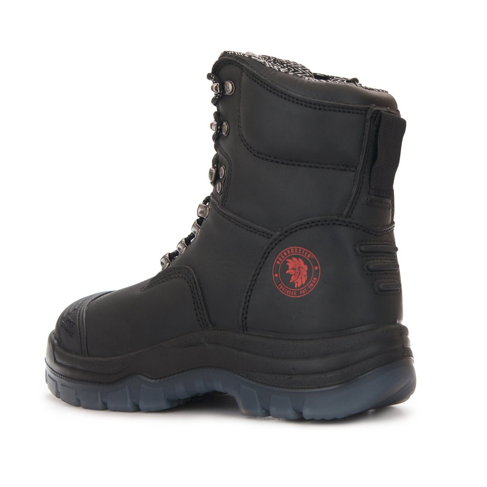 Rock Rooster Kensington black 7-inch steel toe leather work boots with side zipper and rugged design.