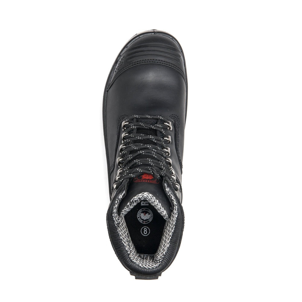 Rock Rooster Kensington black 7-inch zip-sided steel toe leather work boots showing sturdy construction and secure zipper design.
