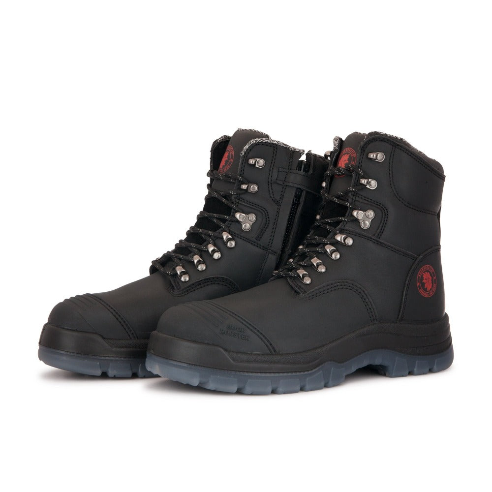 RockROOSTER Kensington black 7-inch steel toe leather work boots with side zipper and durable construction.