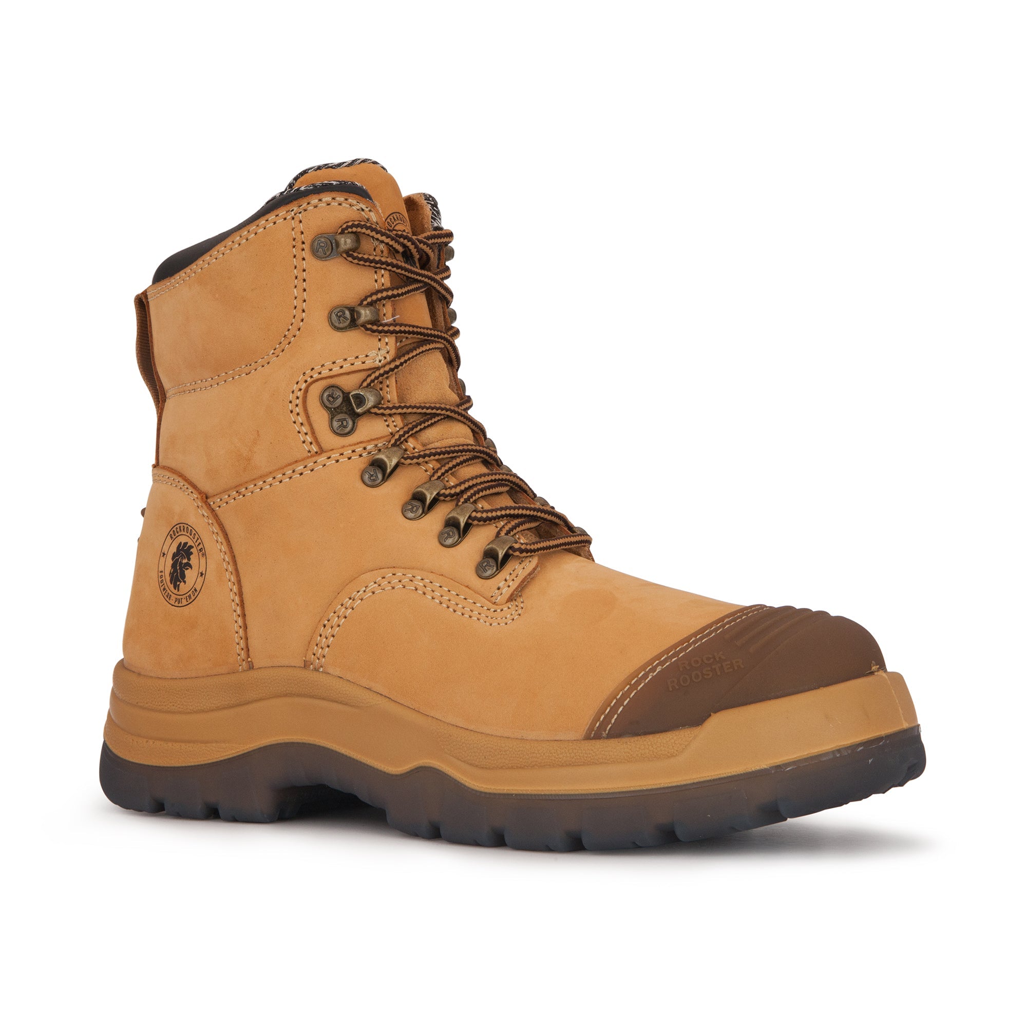 RockROOSTER Kimberly tan 7-inch zip-sided steel toe leather work boots with rugged design and sturdy soles.