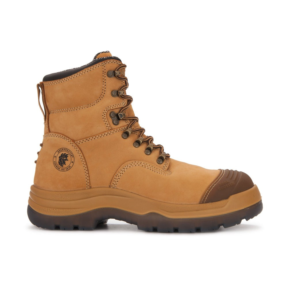 Rock Rooster Kimberly Tan 7-inch zip-sided steel toe leather work boots with rugged design and sturdy construction.