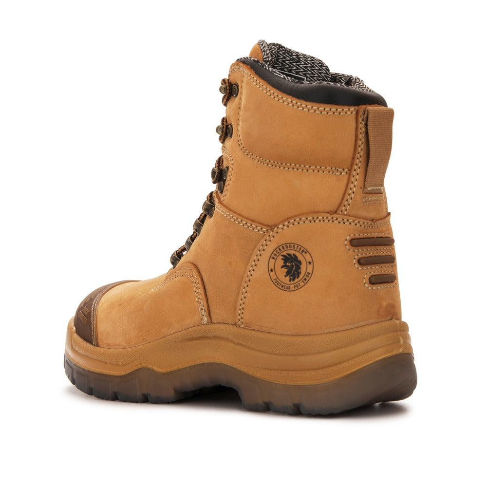 RockRooster Kimberly Tan 7-inch zip-sided steel toe leather work boots with rugged design and sturdy sole.