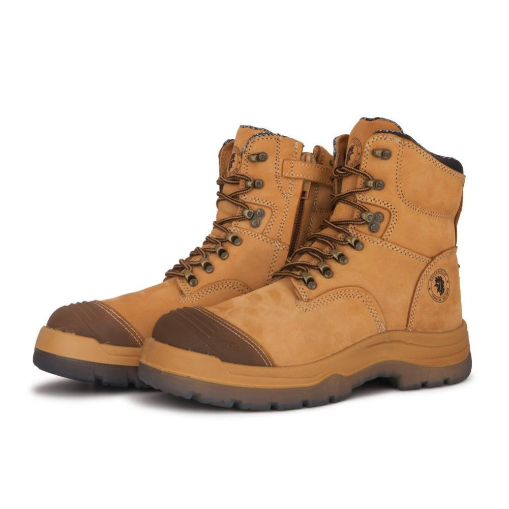 Rock Rooster Kimberly Tan 7-inch steel toe leather work boots with zip sides and rugged design.