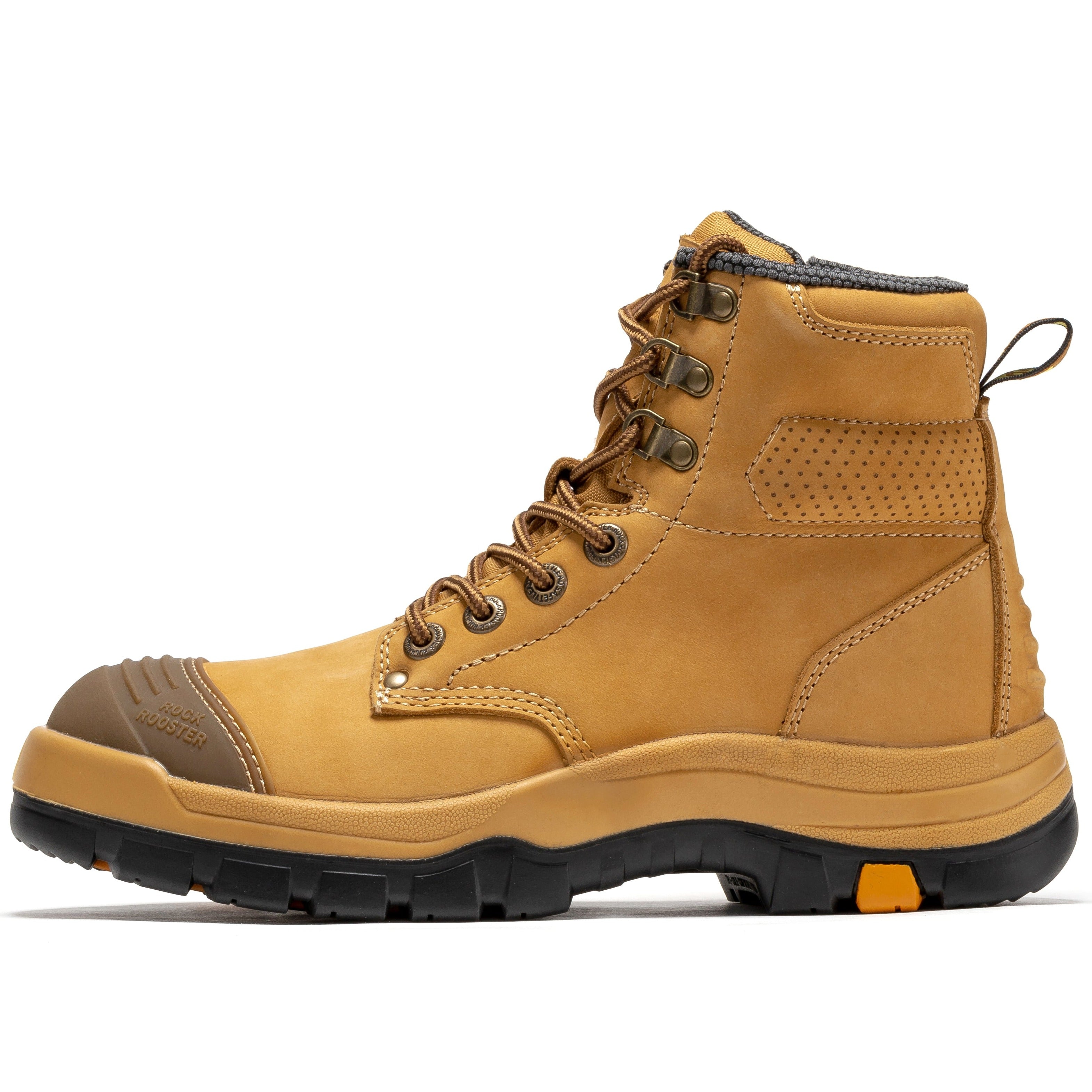 RockROOSTER Madison Tan 6-inch steel toe leather work boots with zip sides, rugged construction, and sturdy outsole.