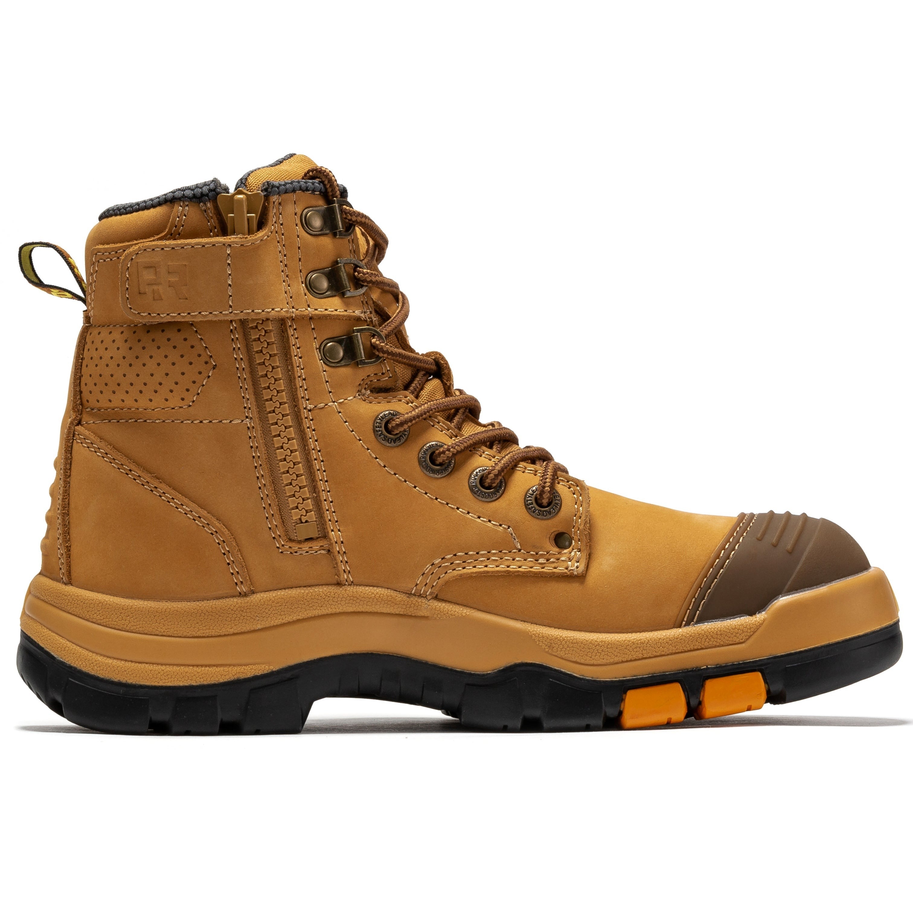 RockRooster Madison Tan 6-inch steel toe leather work boots with zip sides and rugged sole, designed for durability and safety.