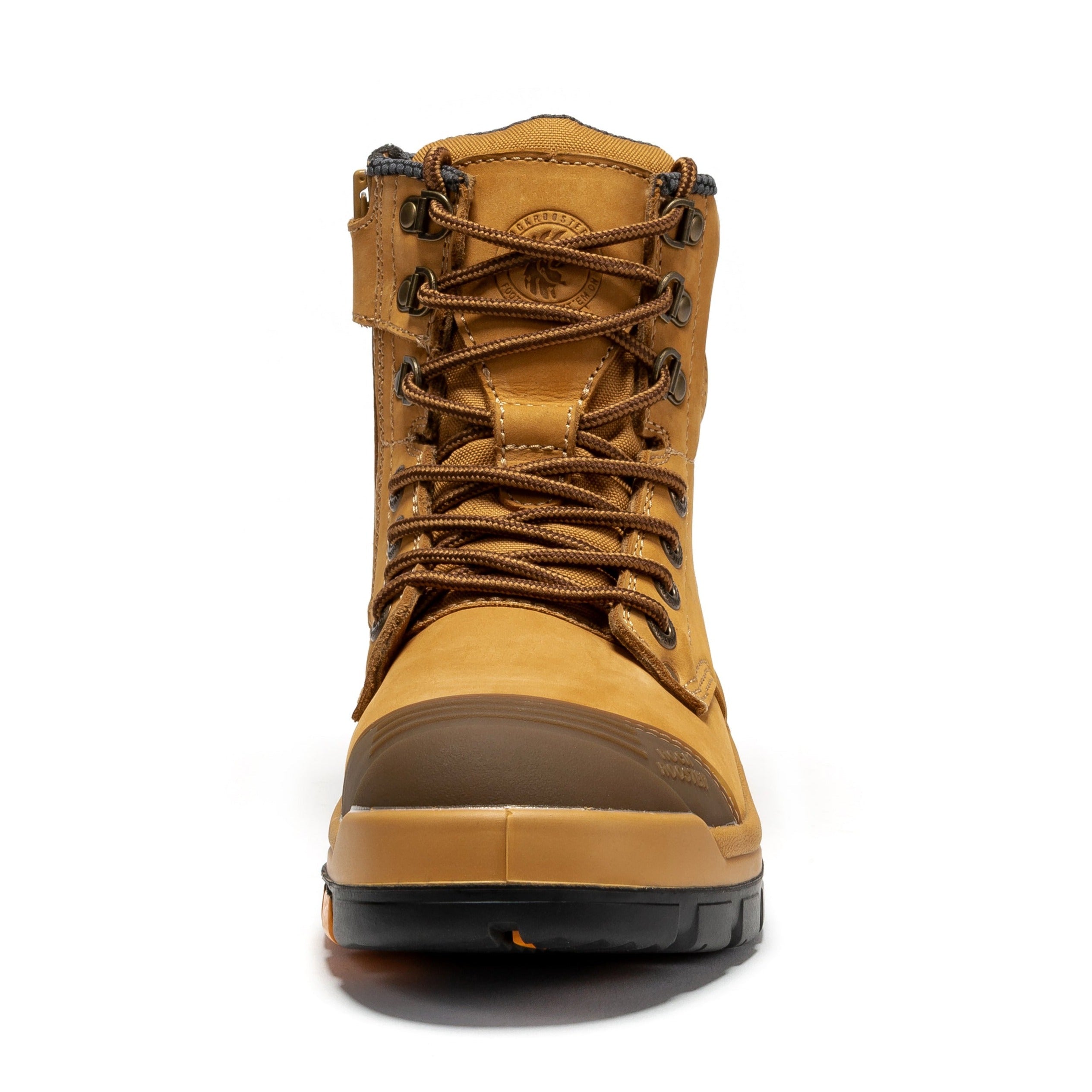 Rock Rooster Madison Tan 6-inch steel toe leather work boots with zip sides, rugged design, and sturdy construction.
