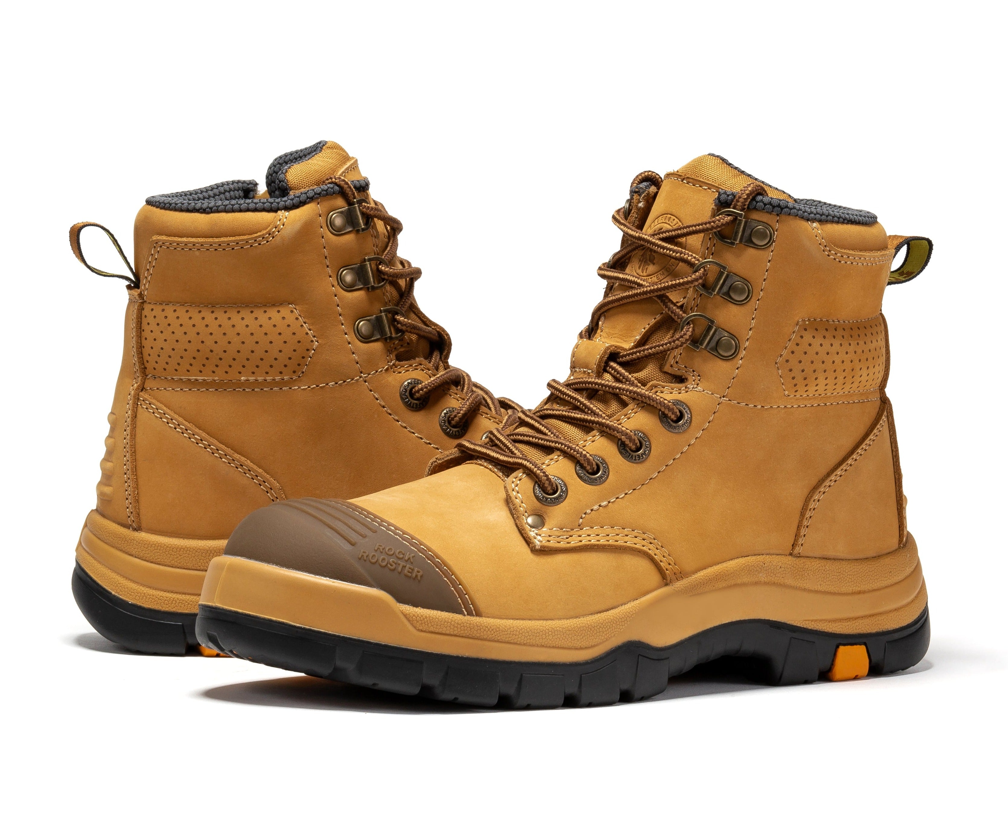 Rock Rooster Madison Tan 6-inch steel toe leather work boots with zip sides and rugged outsole for durable work footwear.