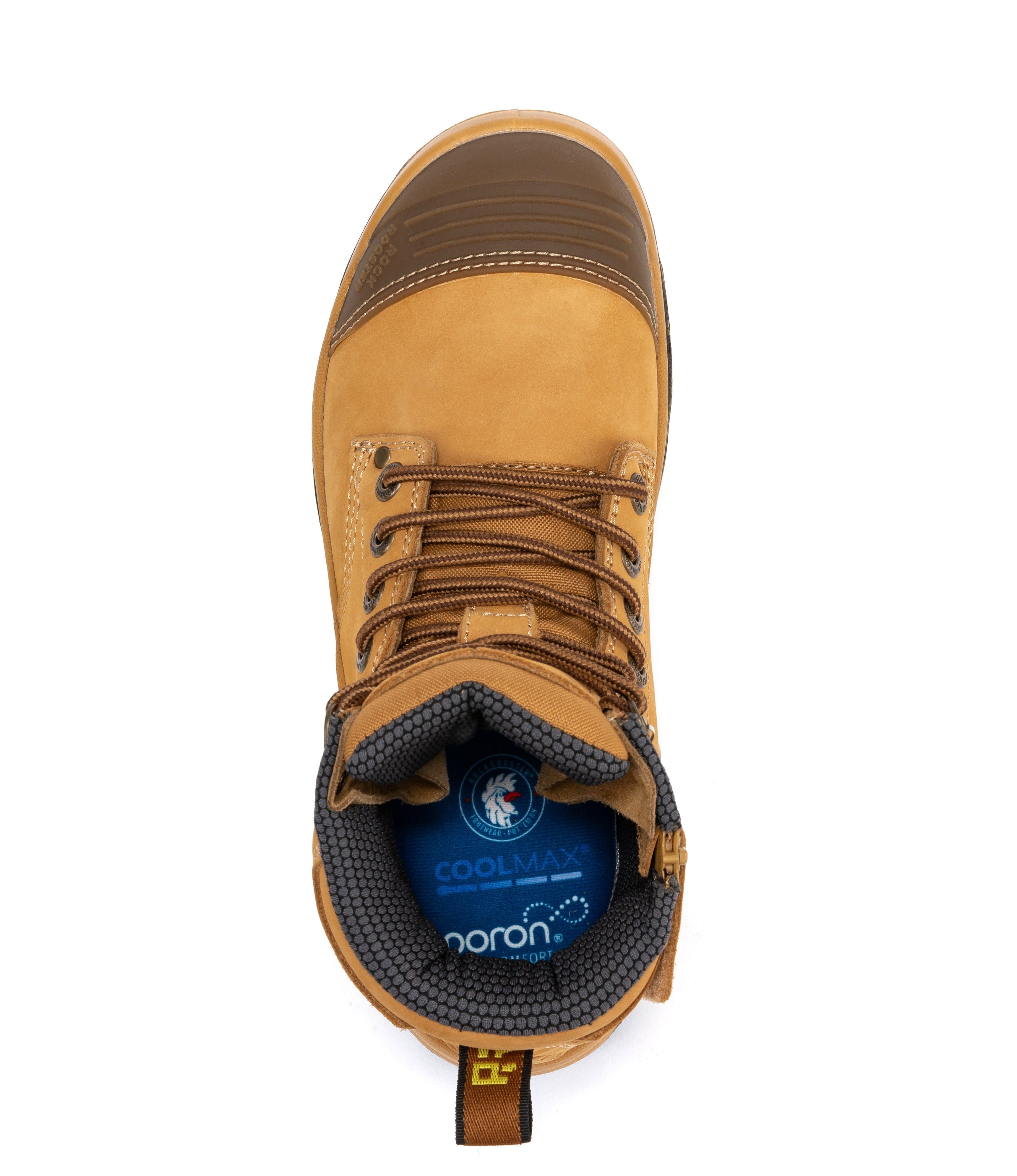 Rock Rooster Madison Tan 6-inch zip-sided steel toe leather work boots with durable design and sturdy soles.