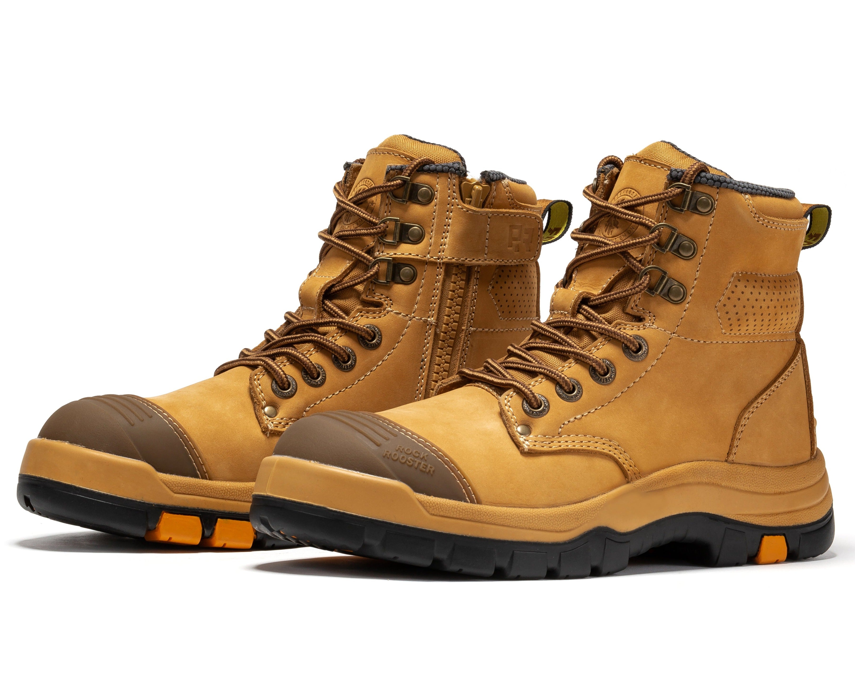 Rock Rooster Madison Tan 6-inch zip-sided steel toe leather work boots with rugged design and sturdy sole.