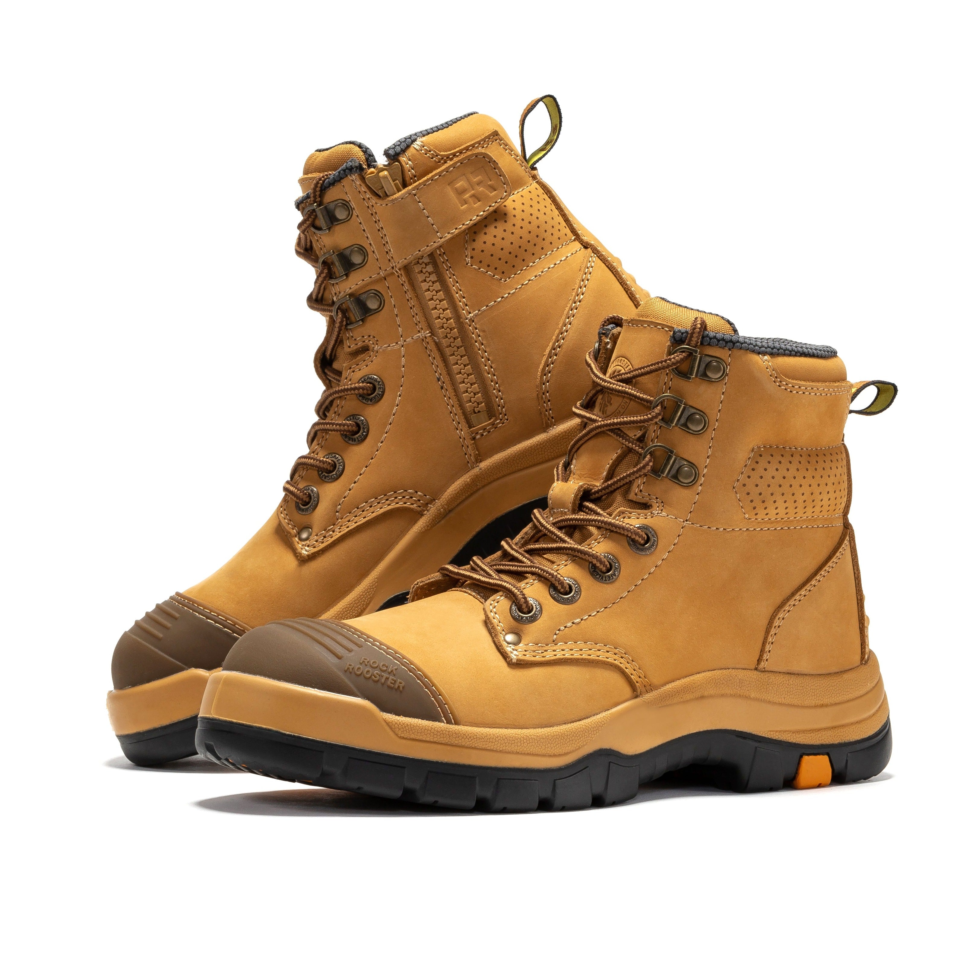RockROOSTER Madison Tan 6-inch steel toe leather work boots with zip side closure, rugged and durable footwear by Rock Rooster Inc.