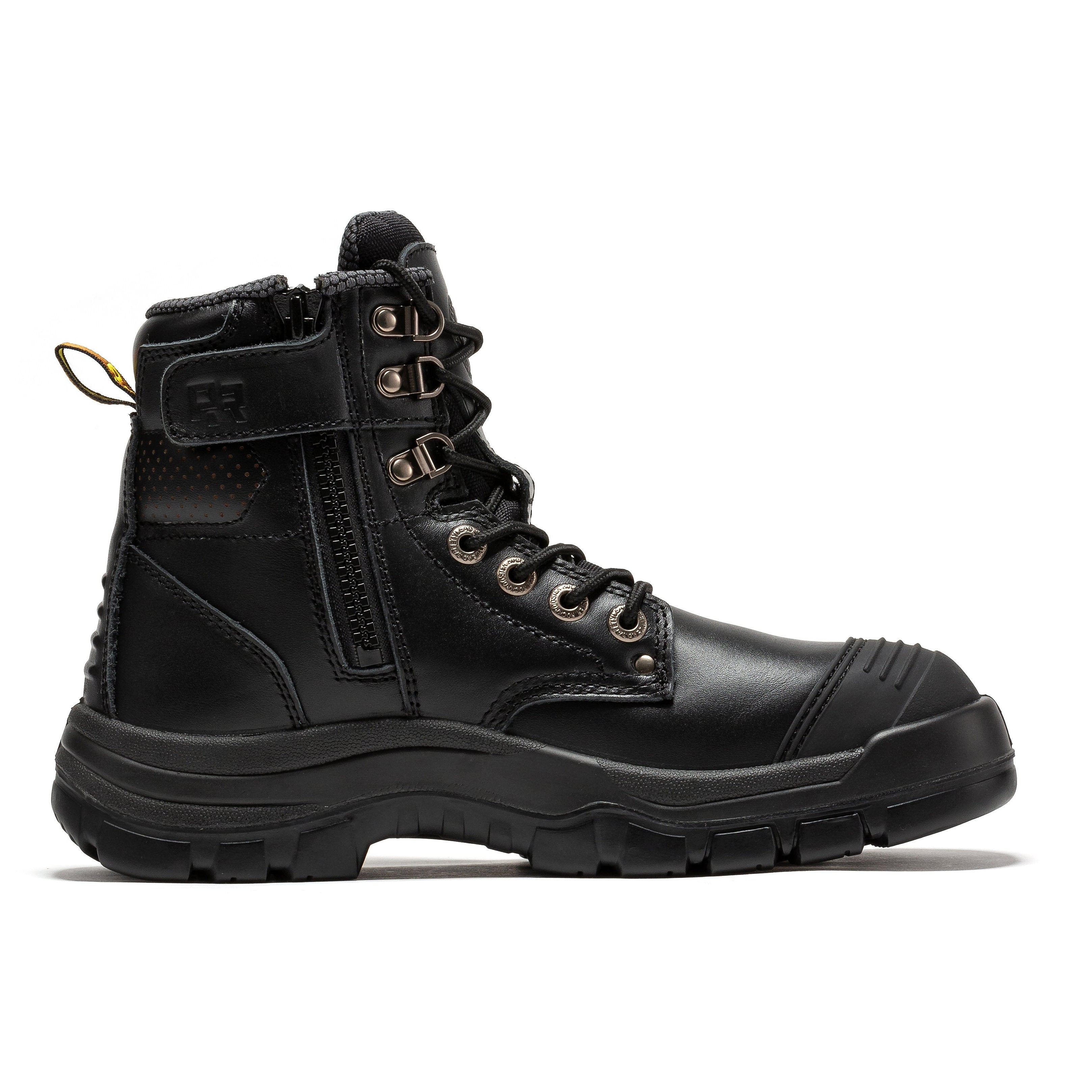 RockROOSTER Madison Tan 6-inch steel toe leather work boots with zip sides and sturdy design, made for durability and safety.