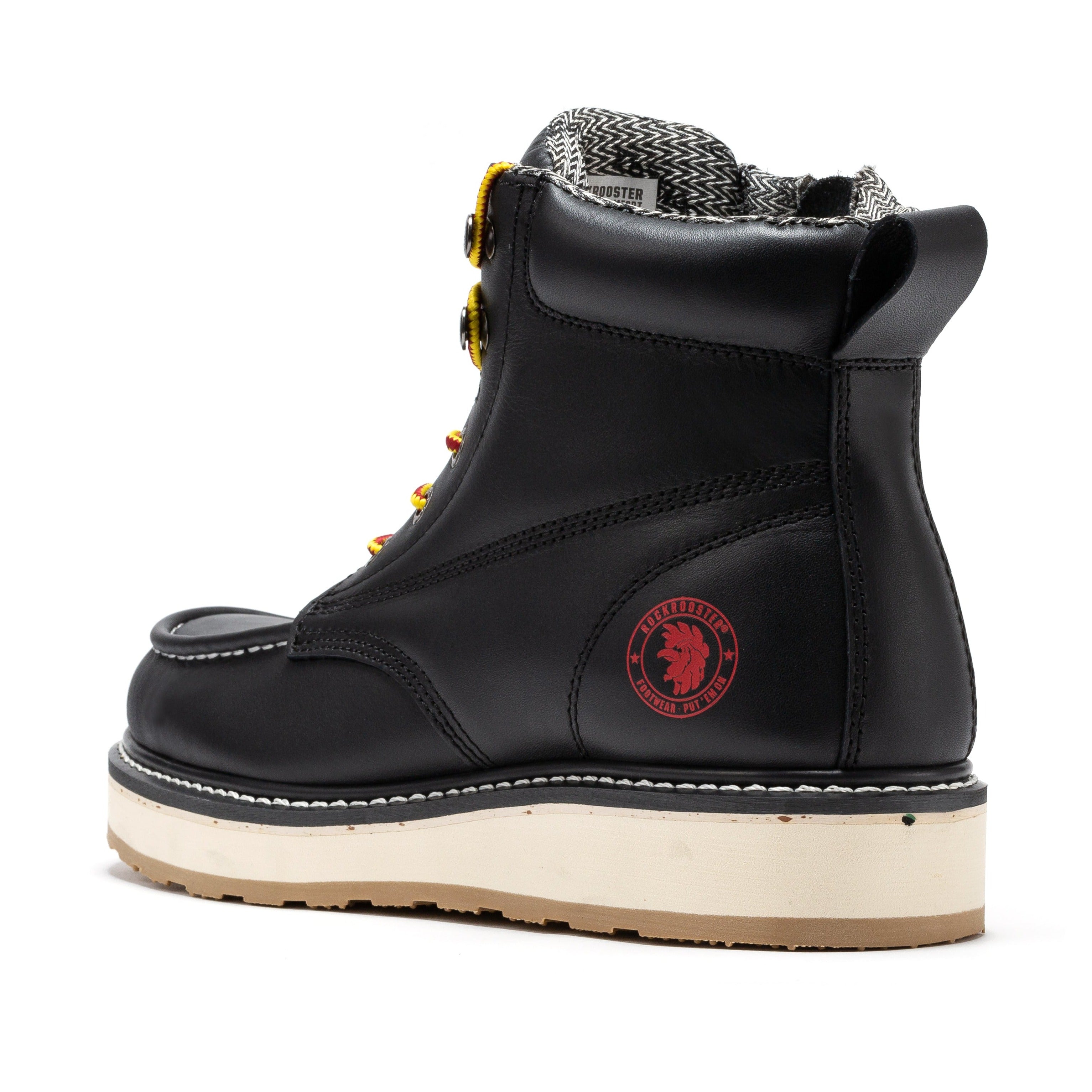 RockROOSTER Magnolia men's 6-inch black work boots with soft toe, zip side, wedge sole, durable leather, and rugged design.