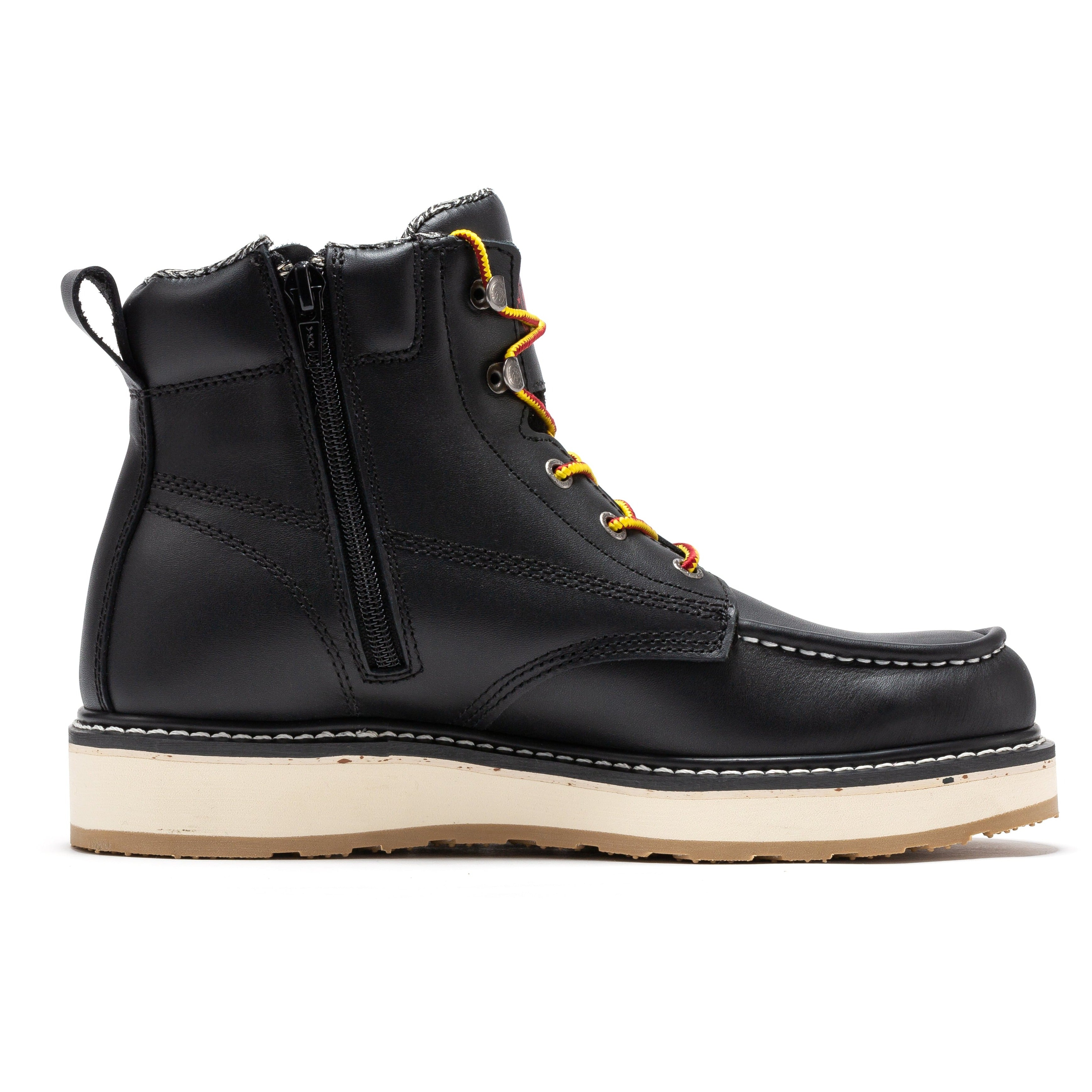 Rockrooster Magnolia men's 6-inch black work boots with soft toe, zip sides, and wedge heel, designed for durability and comfort.
