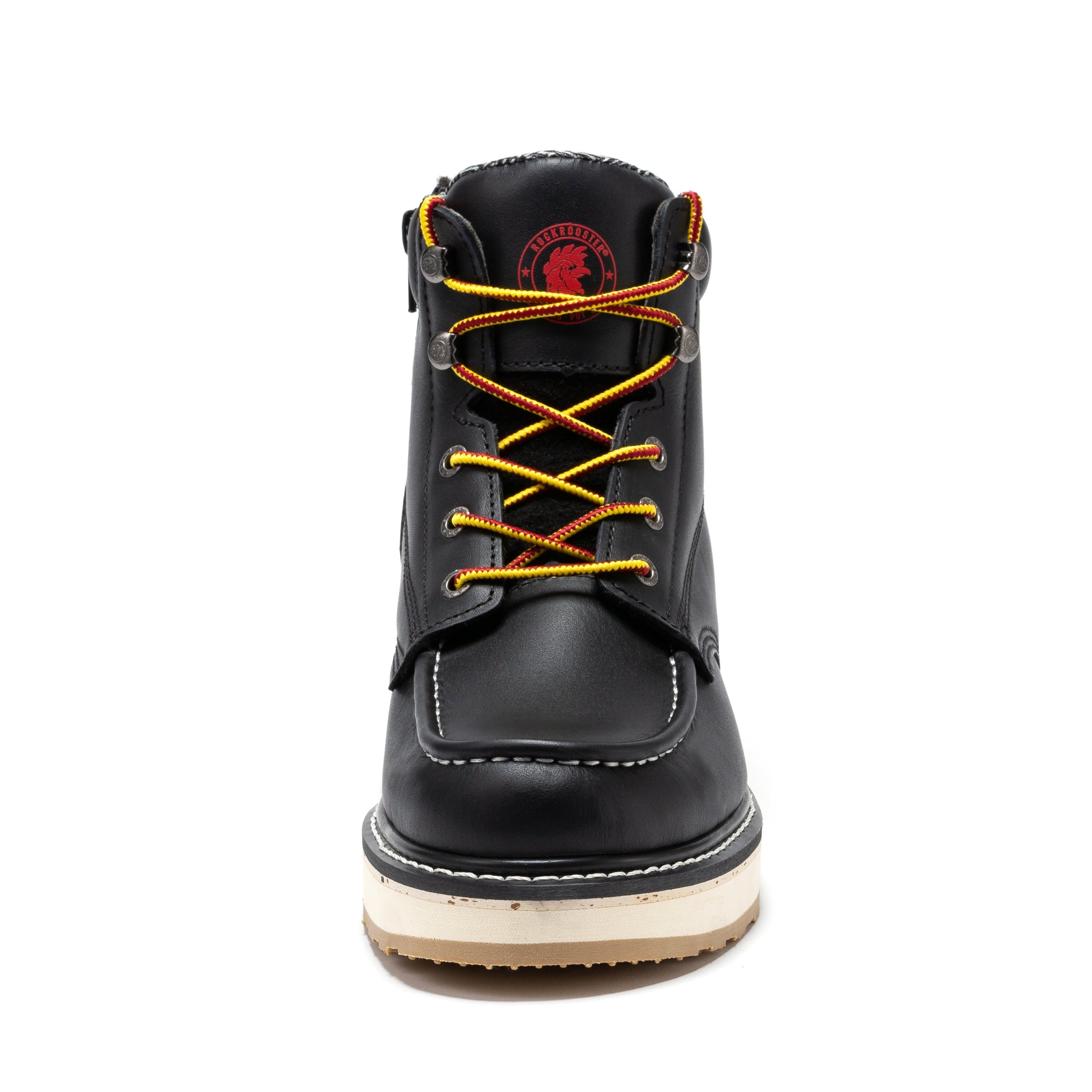 RockROOSTER Magnolia men's 6-inch black work boots with soft toe, zip side, wedge heel, durable leather construction.