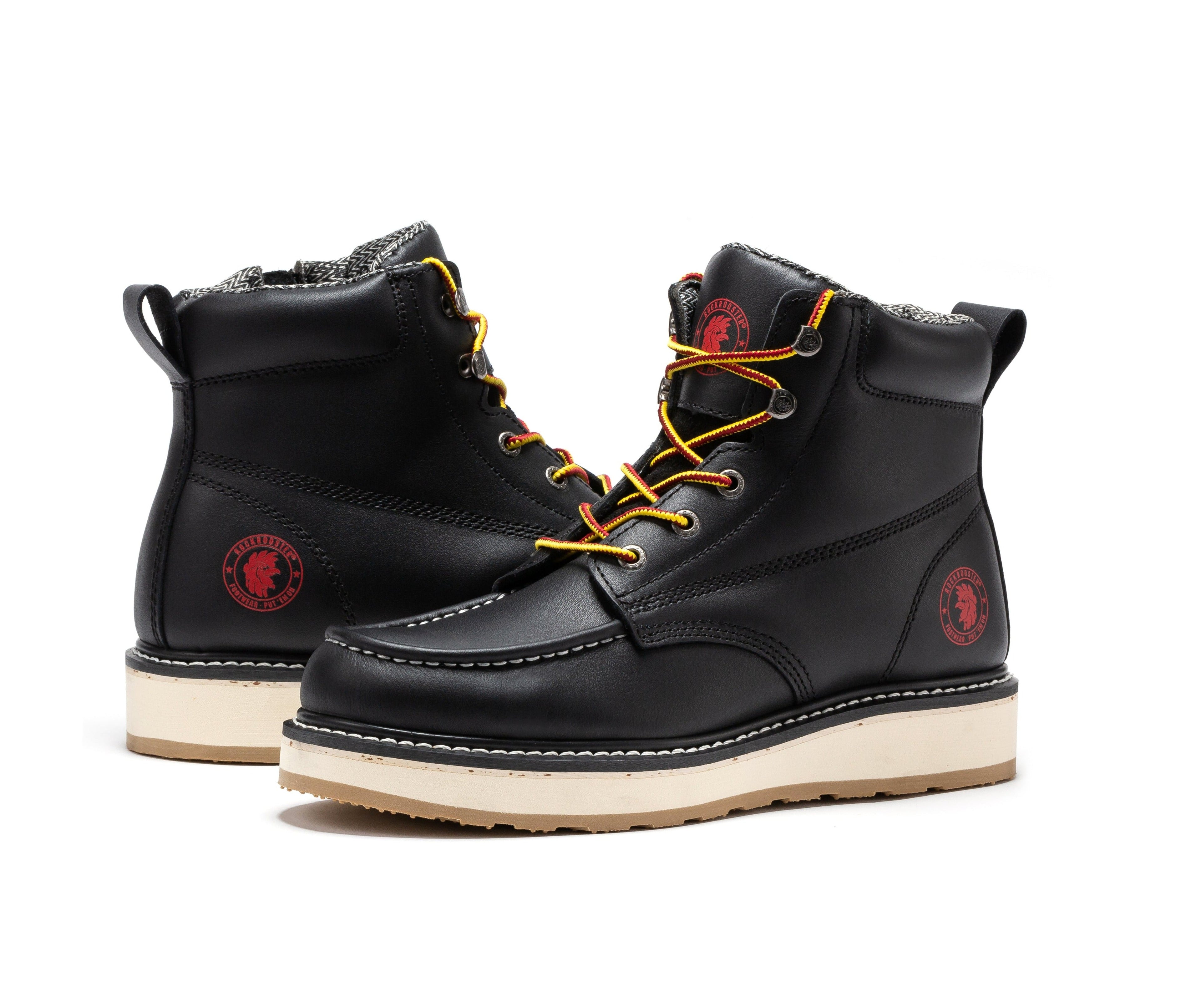 Rockrooster Magnolia men's 6-inch black work boots with soft toe, side zipper, wedge heel, slip-resistant sole for work safety.