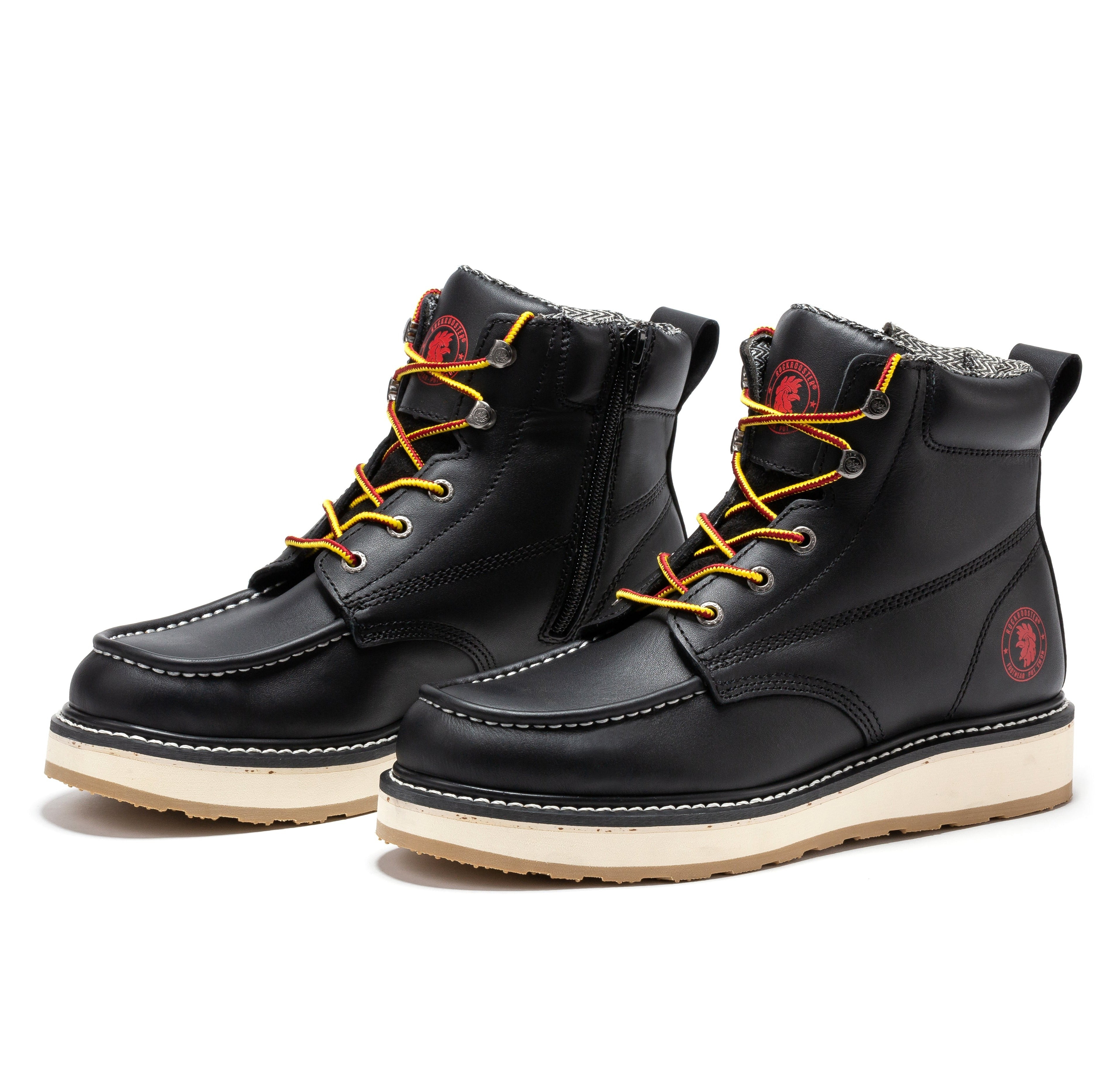 Rockrooster Magnolia men's 6-inch black work boots with soft toe, zip sides, wedge sole, sturdy construction, and durable design.