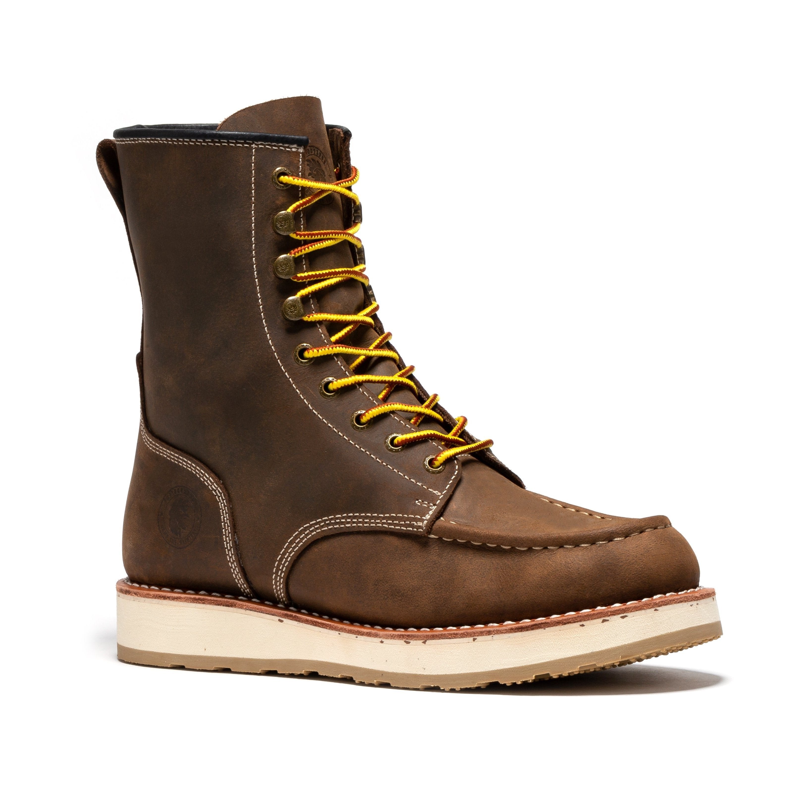 Rockrooster Mantua men's 8-inch dark brown soft toe wedge work boots with sturdy leather construction and rugged outsole.