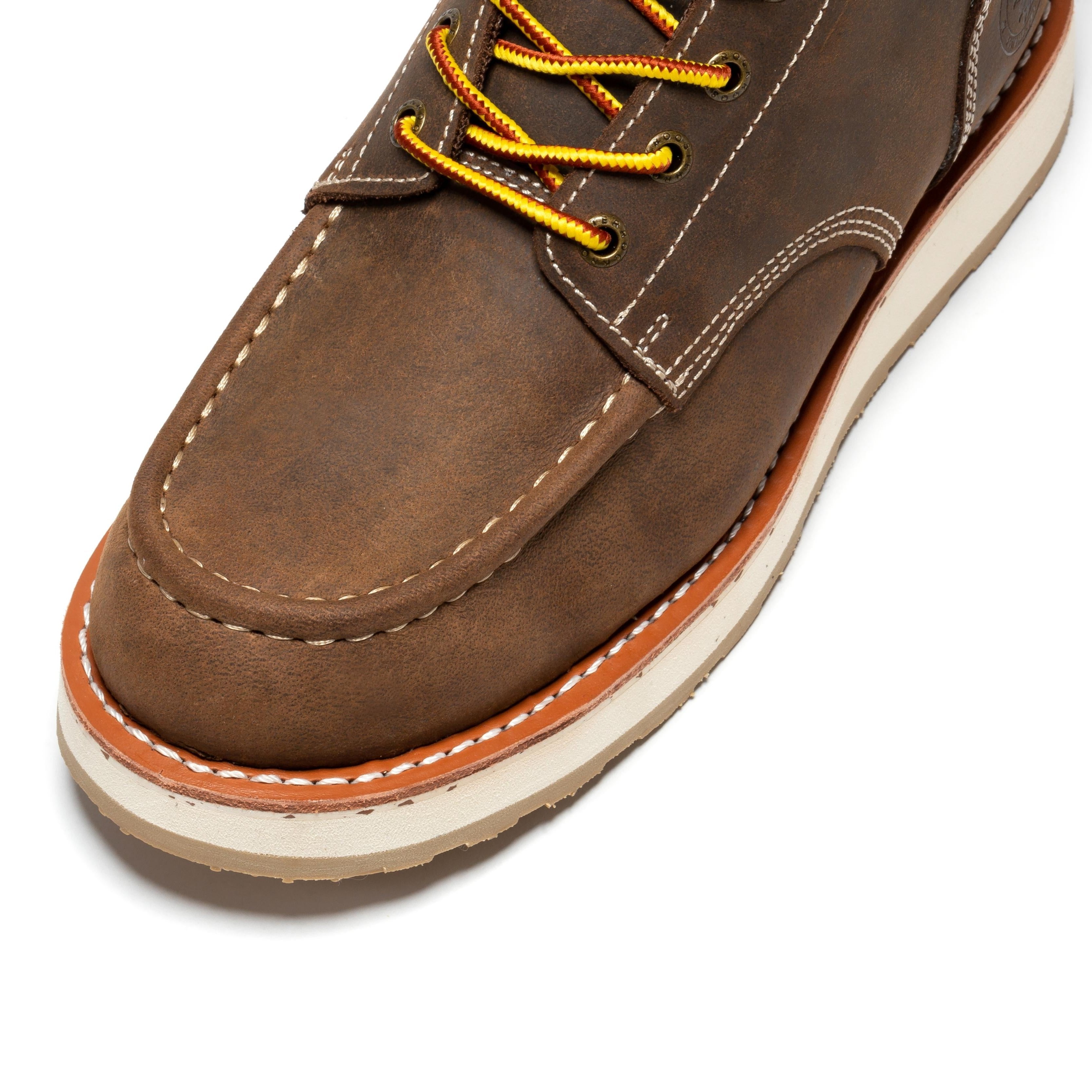 Rockrooster Mantua men's 8-inch dark brown soft toe wedge work boots showing sturdy leather construction and rugged outsole.