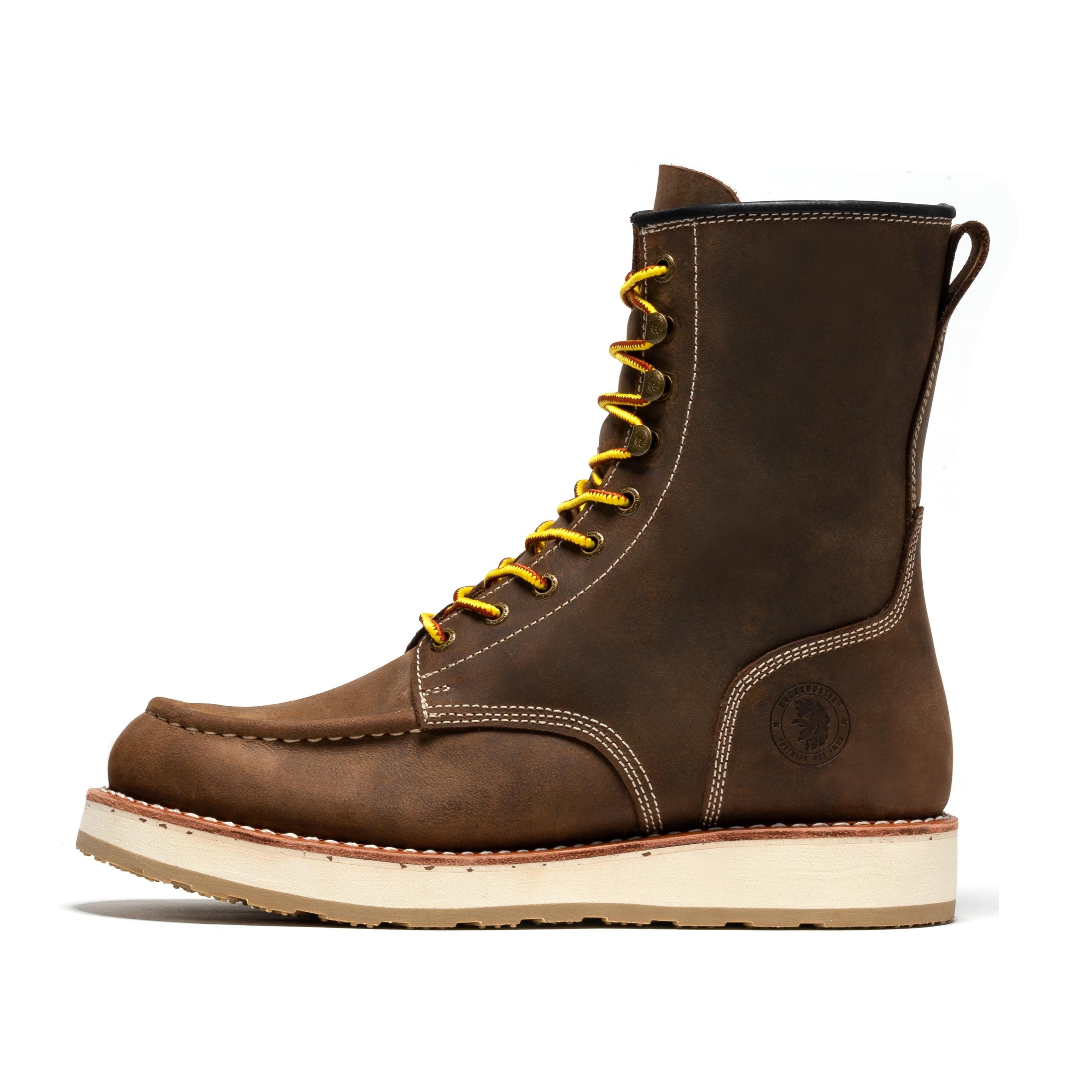 Dark brown Rock Rooster Mantua men's 8-inch work boots with soft toe and wedge sole, showcasing sturdy leather construction.