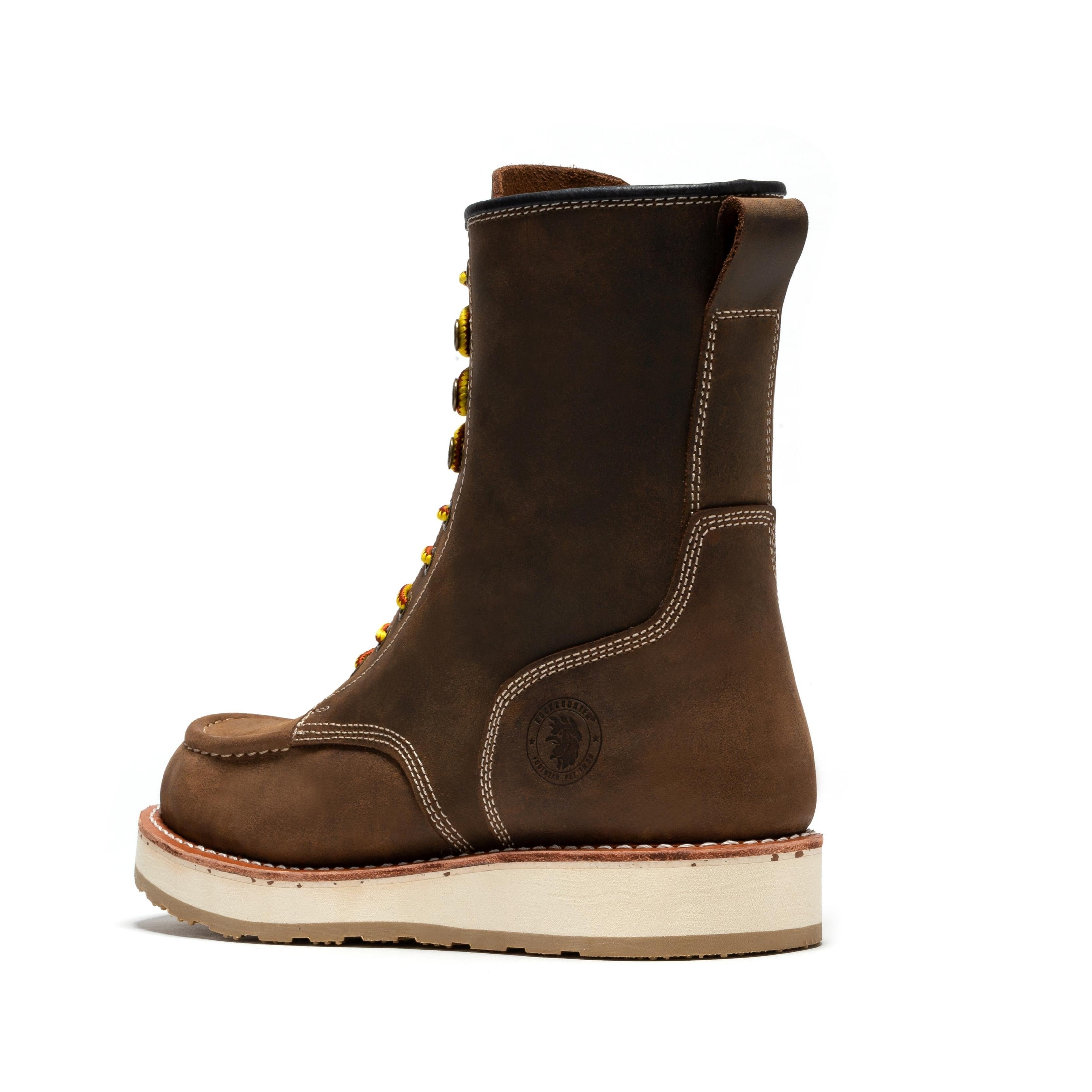 Rockrooster Mantua men's 8-inch dark brown soft toe wedge work boots with rugged leather and sturdy construction.