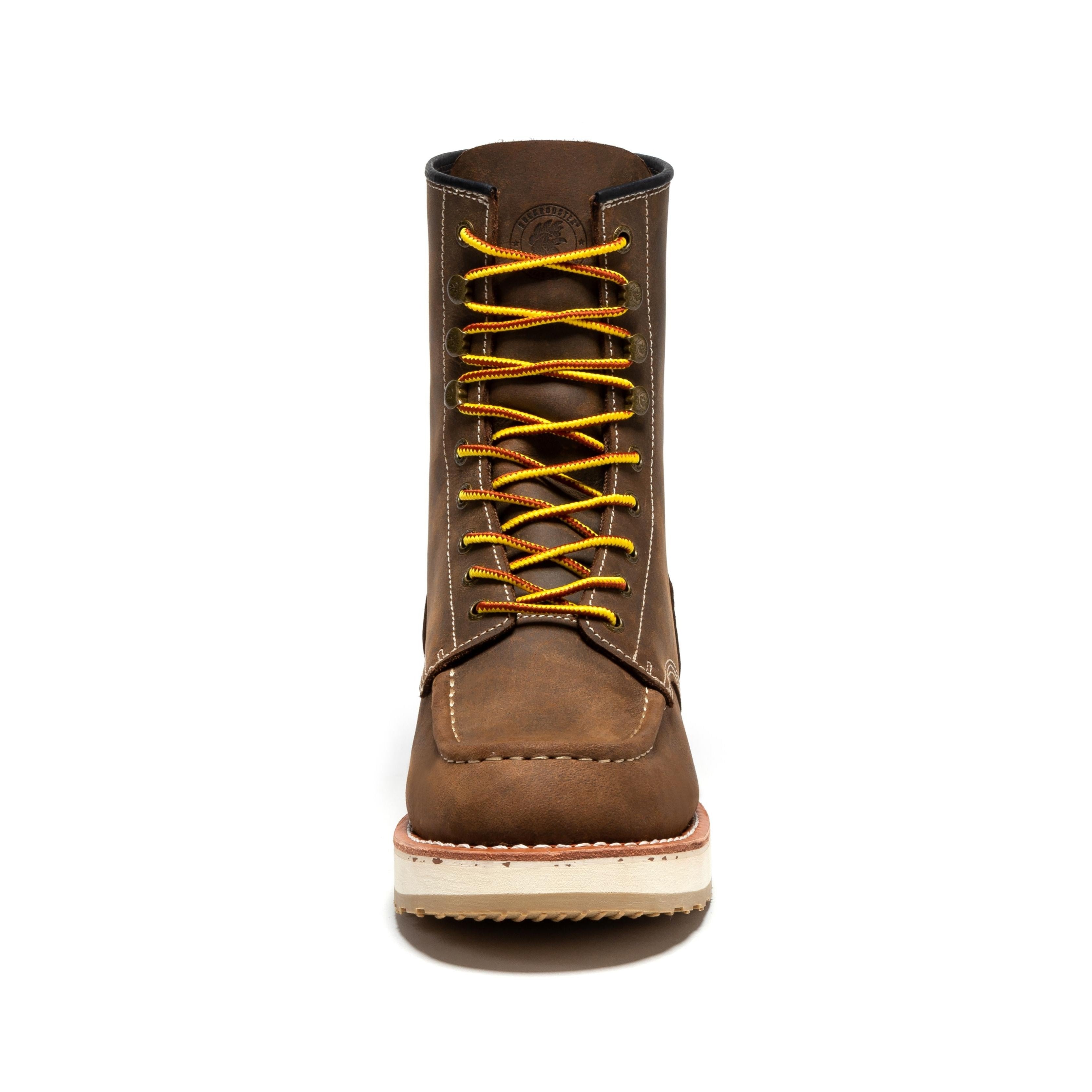 Rockrooster Mantua men's 8-inch dark brown soft toe wedge work boots, sturdy leather footwear with rugged design.